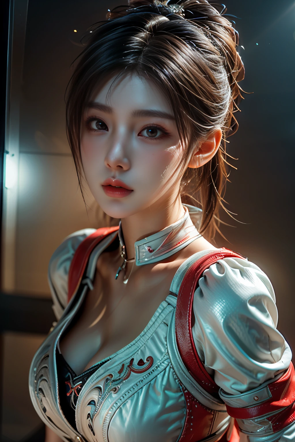 Masterpiece,Game art,The best picture quality,Highest resolution,8K,(A bust photograph),(Portrait),(Head close-up),(Rule of thirds),Unreal Engine 5 rendering works,
20 year old girl,Short hair details,With long bangs,(white hair),red eyes,Elegant and elegant,(Large, full breasts),(Wearing a white coat,Red suspender underwear),shut your mouth,serious yet charming,(scholar),photo poses,Sci-fi style laboratory,white room,
Movie lights，Ray tracing，Game CG，((3D Unreal Engine))，OC rendering reflection pattern