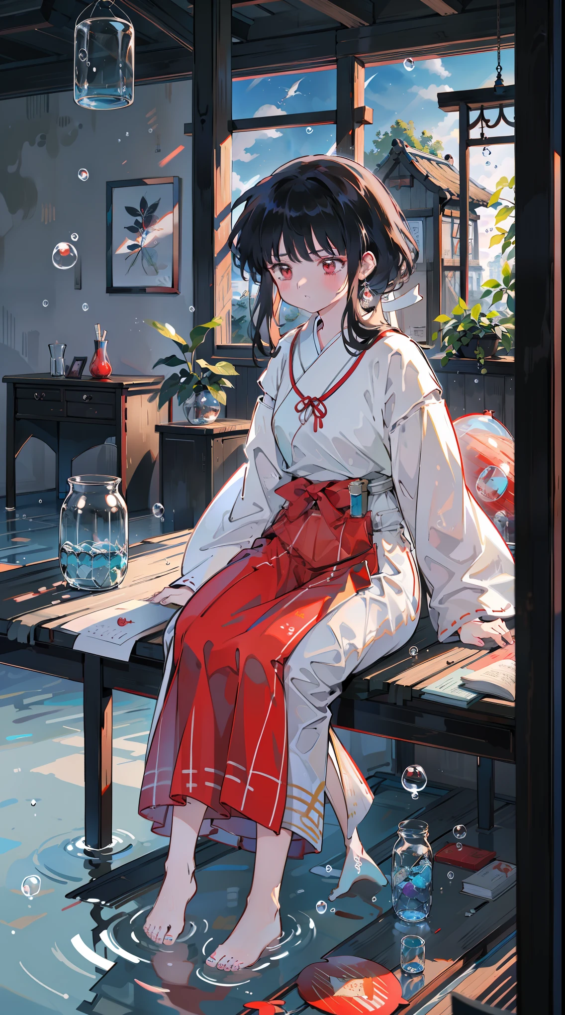 (((((inside the jar)))))、a girl, ((Full body female love)), , Platycodon, skinny, side lock, blunt_hair, red, (red的巫女连衣裙, red百褶裙, long skirt), elegant,Japanese traditional clothing, ((((in a jar)))), Lovely, small, piece, long sleeve, sitting, barefoot, There is water under the feet, indoors, table, desk work, (fish, bubble, under water, bubble),
