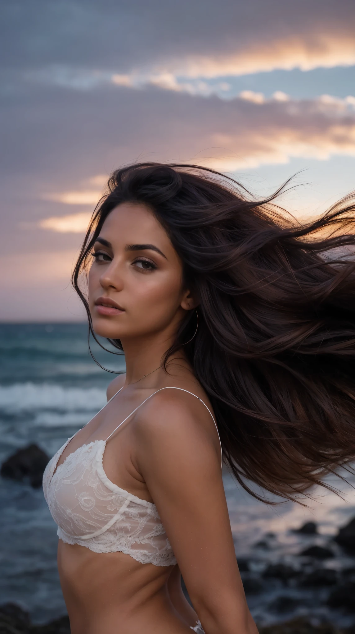 uma fotografia de uma mulher morena com cabelos varridos pelo vento, your hair tangled like flames against a twilight sky, emanating indomitable beauty