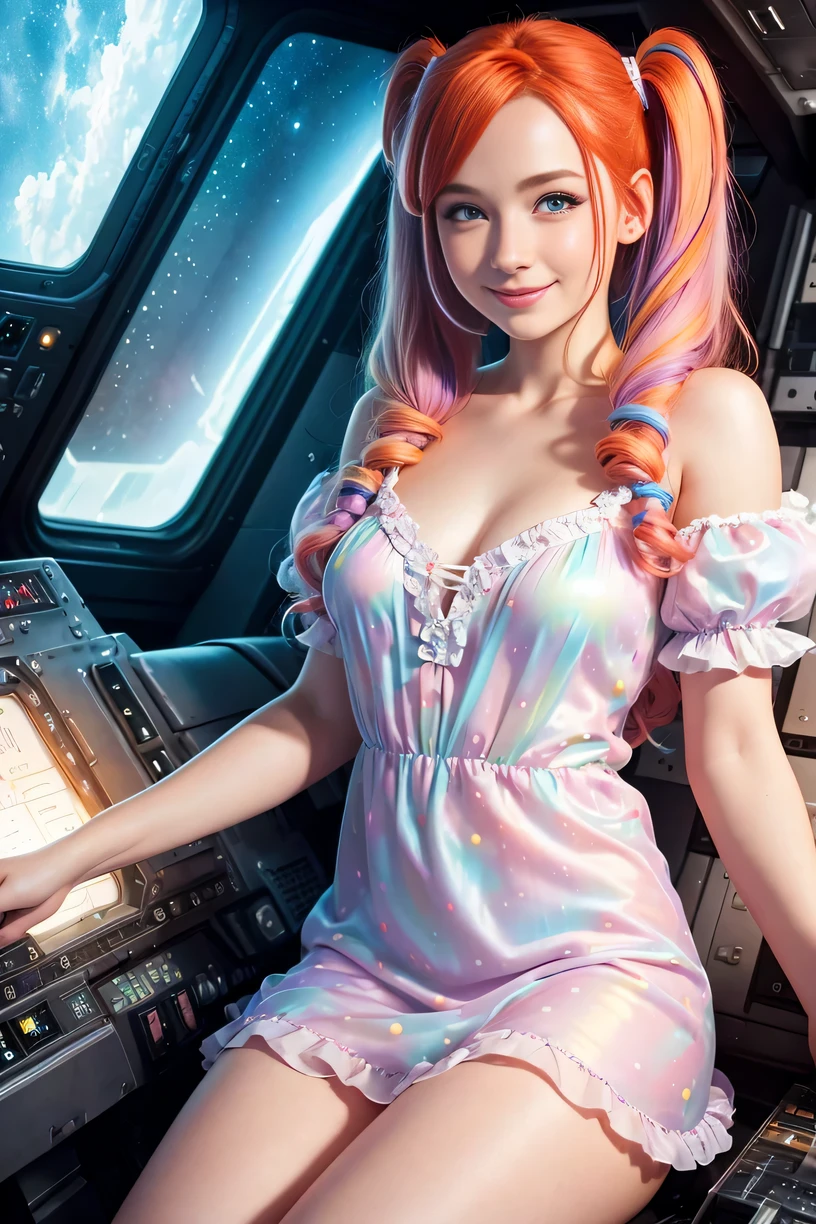(overhead view) (NSFW) Cute redhead with rainbow colored hair tips, ribbons in her hair, 18-year-old woman, happy, smiling, in twin tails, perfect eyes, clear sparkling blue eyes, very pale skin, silky smooth white pale skin, flying a fancy metal luxurious space ship, futuristic cockpit, she's a pilot, outer space seen in windows, dark warm lighting, ((naked body: 1.6)), (pastel rainbow colors), (pantyhose, stockings: 1.2), wearing opaque silk panties.