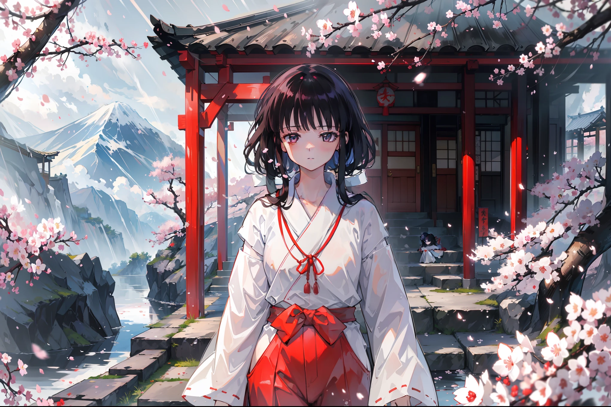 (masterpiece), best quality, have expressed, is a perfect face, 1 girl, (solo), Platycodon, skinny, side lock, blunt_hair, Red miko dress, elegant,Japanese traditional clothing,imagine,alone, temple, japanese architecture，best quality，masterpiece，extremely，Eye focus beautiful eyes, anime characters,woman,alone, 站在Mountain顶，cloud, Mountain, rain, (Cherry blossoms:1.3), day, high resolution, looking at the audience, (32k wallpapers)