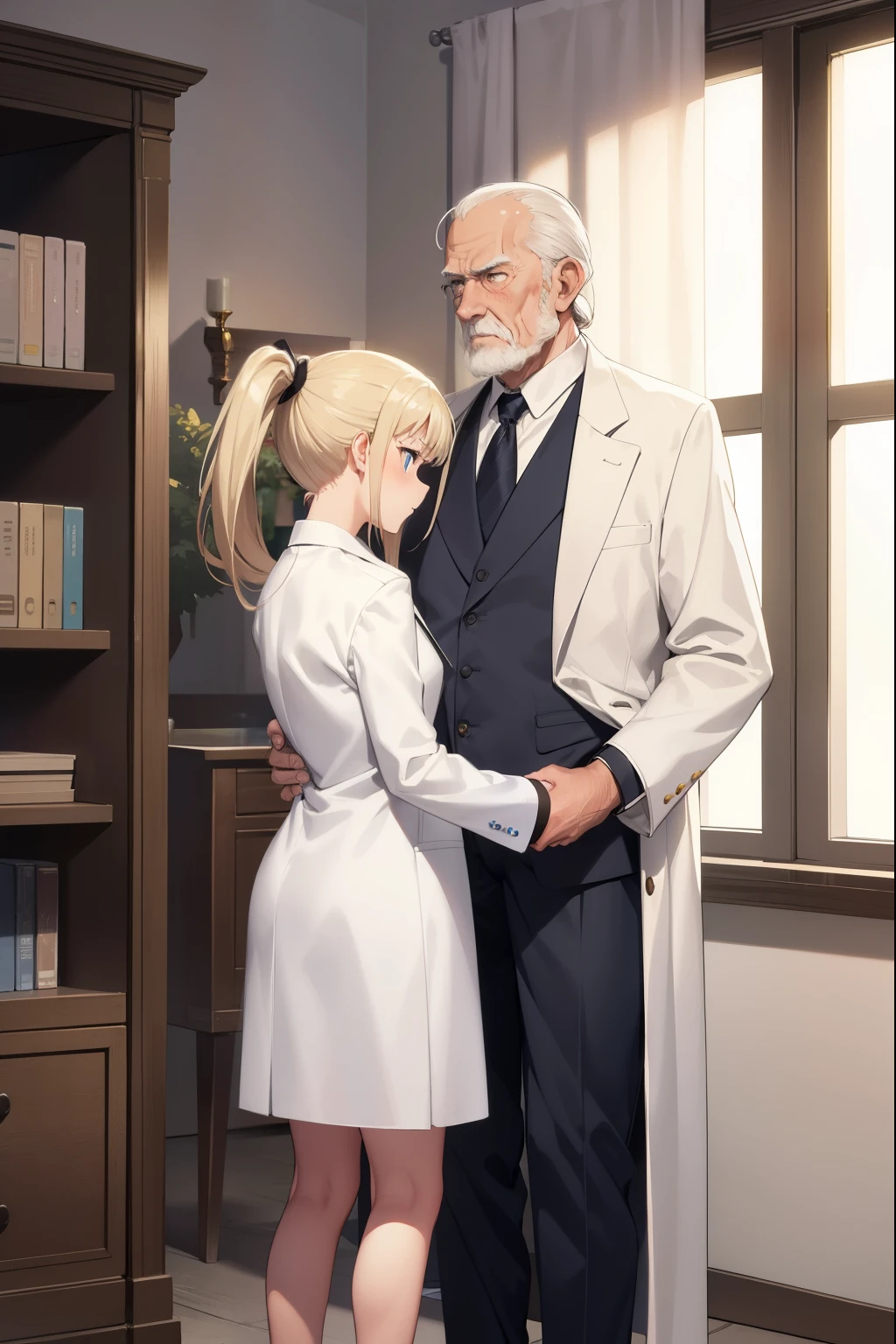 1 girl,blonde,ponytail,blue eyes,big breasts,serious face,white coat over black leotard,barefoot,blush,Research room,night,Are standing,1 elderly person,(naked old man),(girl being hugged by an old man),