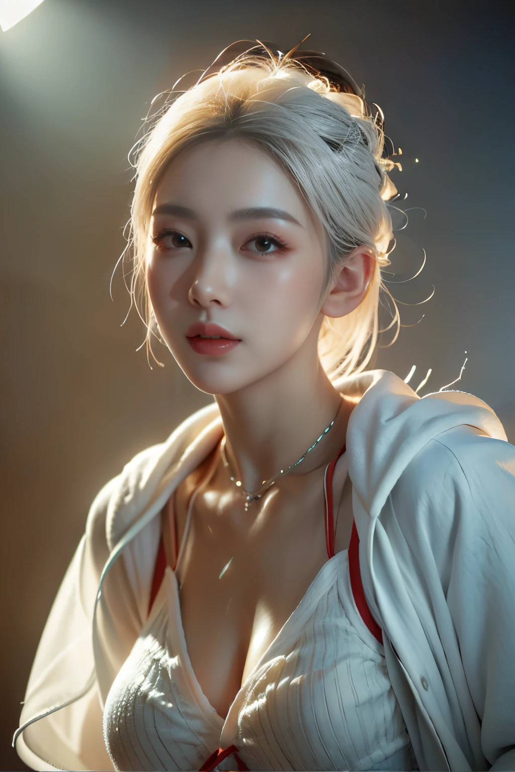 Masterpiece,Game art,The best picture quality,Highest resolution,8K,(A bust photograph),(Portrait),(Head close-up),(Rule of thirds),Unreal Engine 5 rendering works,
20 year old girl,Short hair details,With long bangs,(white hair),red eyes,Elegant and elegant,(Large, full breasts),(Wearing a white coat,Red suspender underwear),shut your mouth,serious yet charming,(scholar),photo poses,Sci-fi style laboratory,white room,
Movie lights，Ray tracing，Game CG，((3D Unreal Engine))，OC rendering reflection pattern