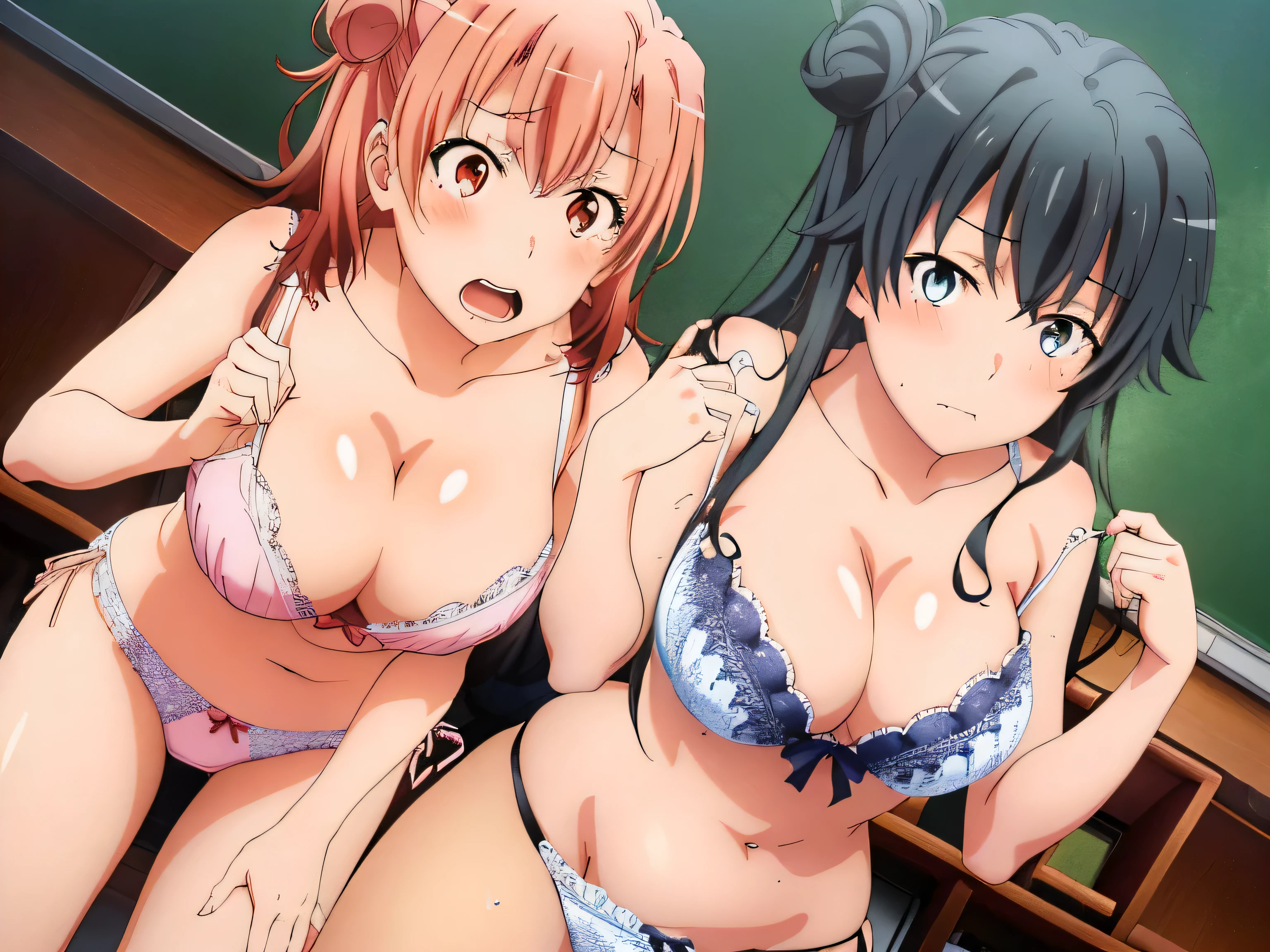 ((2 girls ), ((yuigahama yui is bust and ヒップライン are great)),((Yukinoshita Yukino)),In perverted underwear,in front of everyone,streaking,classroom,they have their hands behind their backs,(Bra with nipple bulge line),Shiny bra,belly button,,(white lace panties:1.0),(pink panties:1.0),Ribbon on panties,(thighs),,((high angle:1.0)),(beautiful eyes),look at the camera,blush,troubled face,Insert your head