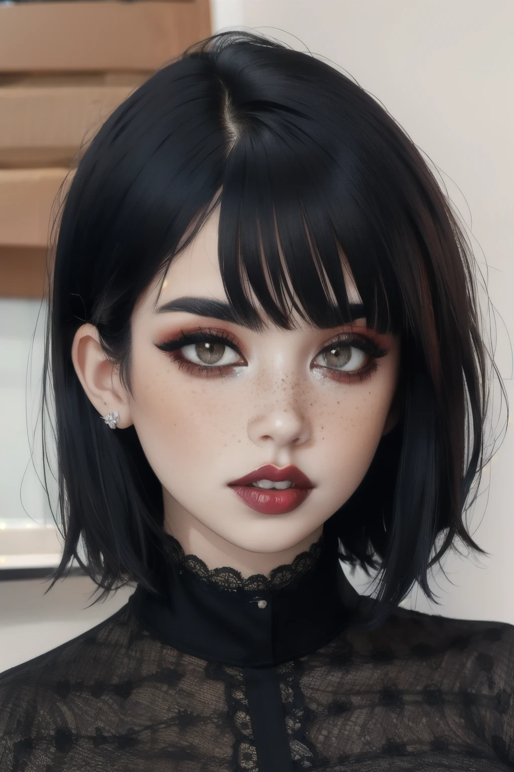 Fr3ckles, grey eyes, freckles, 1girl,  90sgrung3, red makeup, red lips, black hair, short hair with baby bangs, black shirt