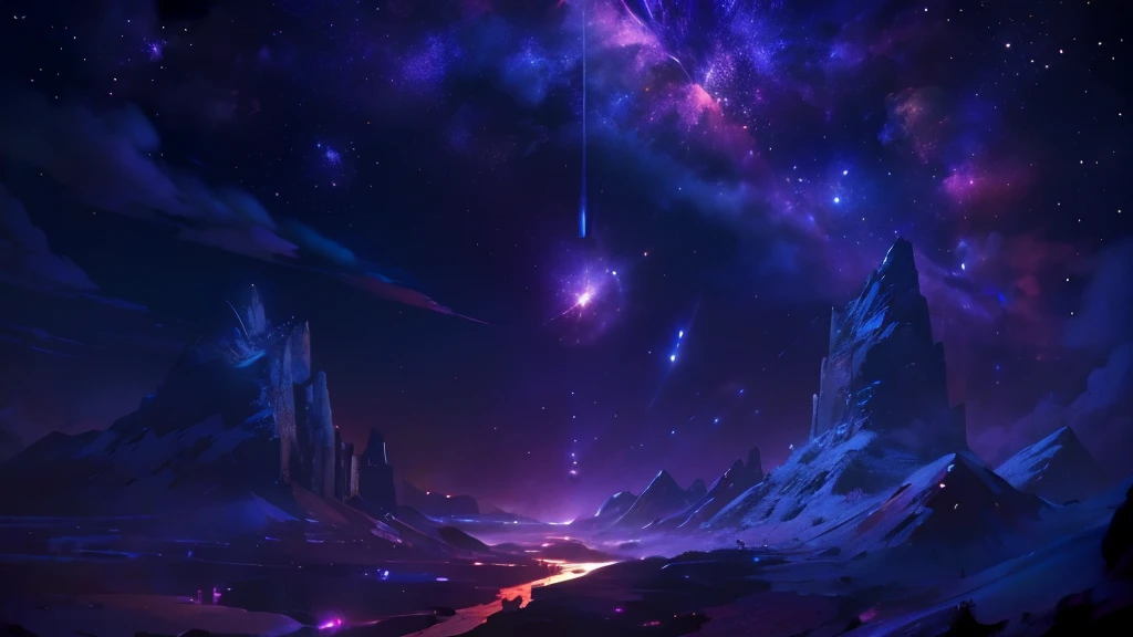 (ridiculous, cinematic, ultra high definition, higher, super detailed, super detailed), Deep purple sky, Nebula in the sky,, flying train, meteor, Dandelion Field, Mountain, ,, detailed , detailed, detailed sky
