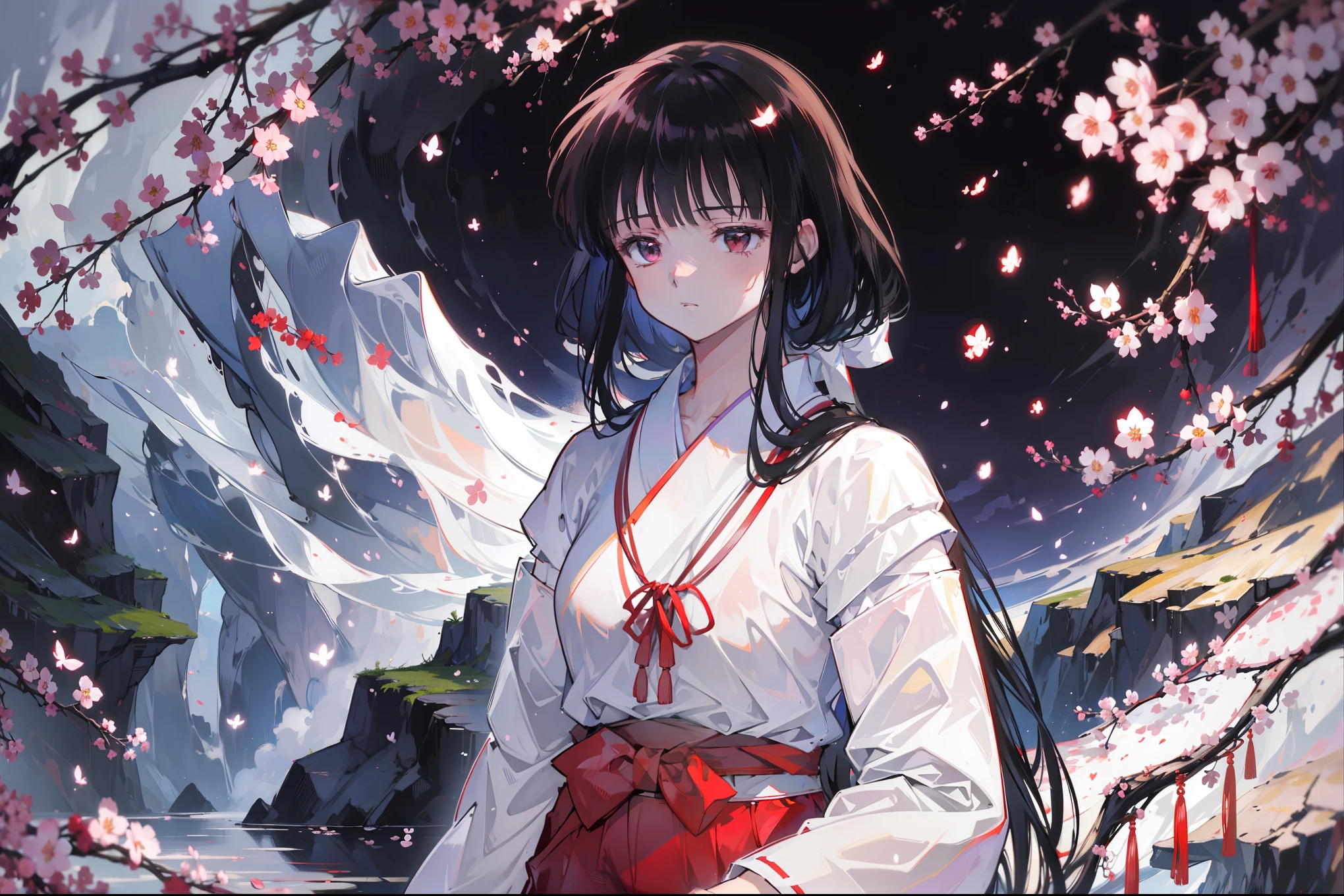 (masterpiece), best quality, have expressed, is a perfect face, 1 girl, (solo), Platycodon, skinny, side lock, blunt_hair, Red miko dress, elegant,Japanese traditional clothing,imagine,alone, temple, japanese architecture，best quality，masterpiece，extremely，Eye focus beautiful eyes, anime characters,woman,alone, 站在Mountain顶，cloud, Mountain, rain, (Cherry blossoms:1.3), day, high resolution, looking at the audience, (32k wallpapers)