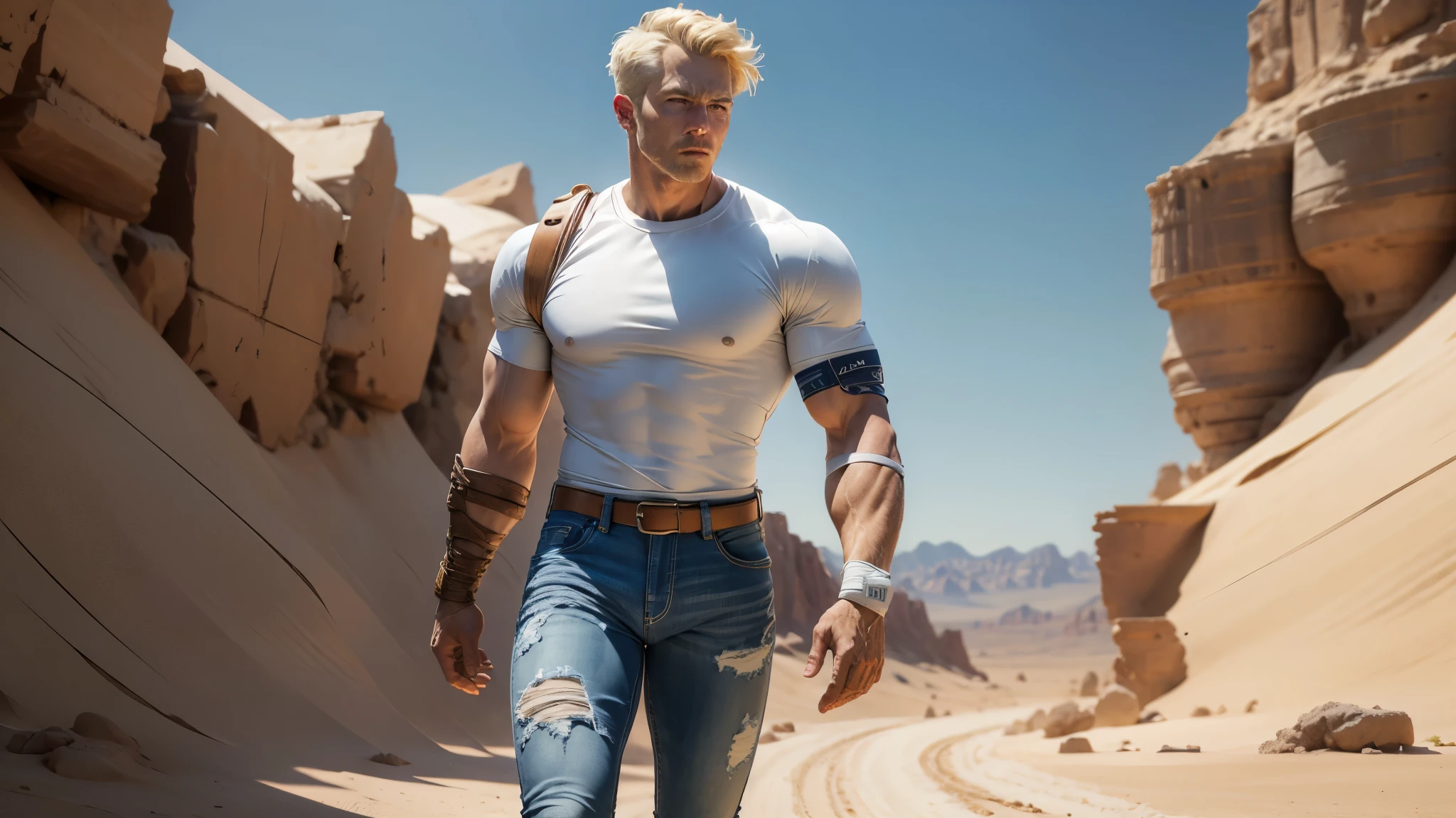 good quality, ultra high resolution，masterpiece, 8K，（reality，detail）One wearing a white shirt，The arms were wrapped in bandages，dark blue denim jeans，brown leather boots，blonde short hair，burly man，Walk in the desert，whole body effect（（from head to foot））