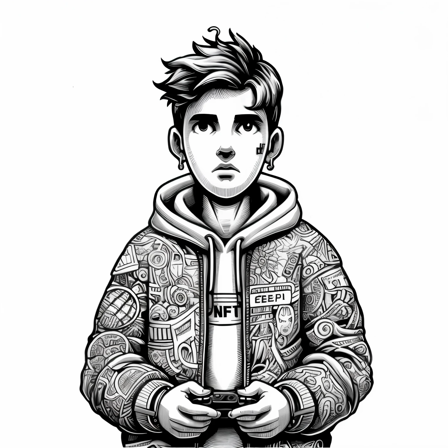arafed drawing of a boy holding a cell phone, dibujo digital detallado, official illustration, fanart de videojuegos, obra de arte oficial, inspirado en Jean Malouel, arte conceptual de un chico soltero, Mcbess intense hypervivid, Retrato de Max Caulfield, fondo de pantalla de la computadora, arte digital oscuro pero detallado, dibujado en un estilo negro, dibujo detallado en 4k
