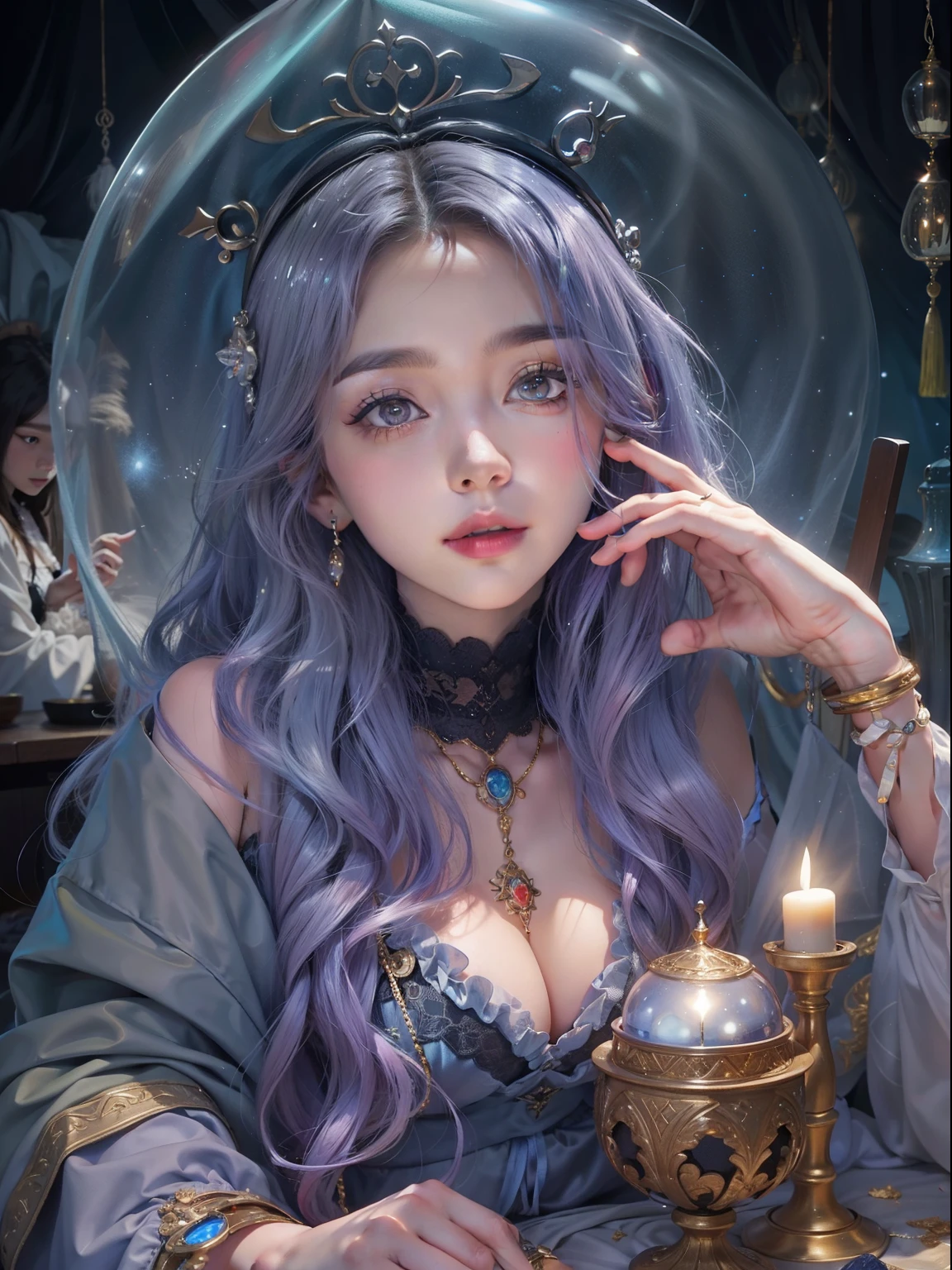 (masterpiece,top quality,best quality,official art,Beauty and Aesthetics:1.2),(1 girl:1.3),wavy long hair,light purple hair,The content is very detailed,sportswear,looking at the audience,solo,(Full body female love:0.6),Detailed background,Close-up cleavage,glowing eyes,(Cold arctic winter theme:1.1),a fortune teller,quack,giggle,mystery,sit at the table,Colorful Off Shoulder Loose Gypsy Fortune Teller Clothes,holy grail, tarot cards, crystal ball, middle Ages (interior of tent:1.1) background with, tent curtains in background, 黑暗而mystery的灯光, shadow, magical atmosphere, starry night,, Dutch Cape,black stockings