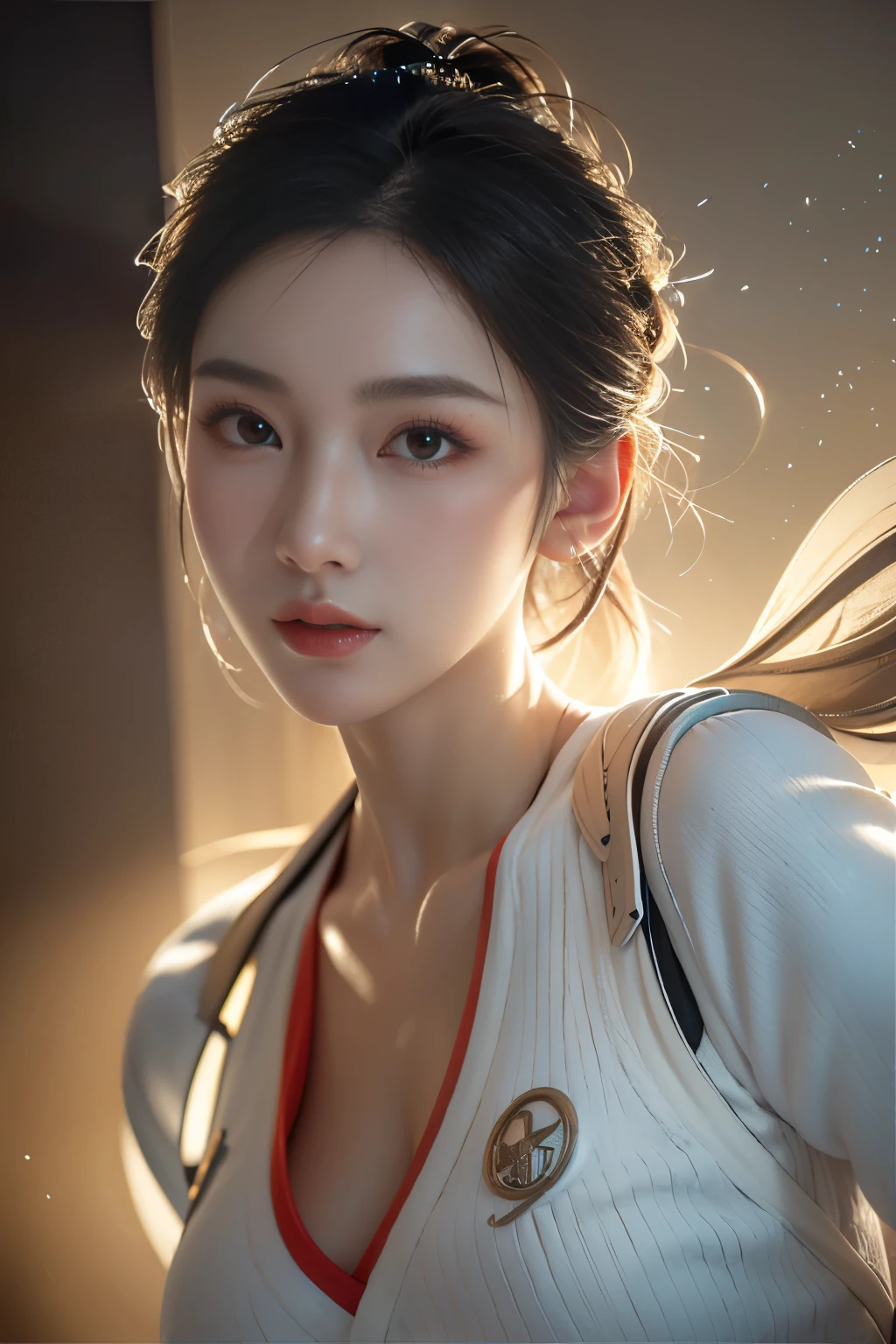 Masterpiece,Game art,The best picture quality,Highest resolution,8K,(A bust photograph),(Portrait),(Head close-up),(Rule of thirds),Unreal Engine 5 rendering works,
20 year old girl,Short hair details,With long bangs,(white hair),red eyes,Elegant and elegant,(Large, full breasts),(Wearing a white coat,Red suspender underwear),shut your mouth,serious yet charming,(scholar),photo poses,Sci-fi style laboratory,white room,
Movie lights，Ray tracing，Game CG，((3D Unreal Engine))，OC rendering reflection pattern