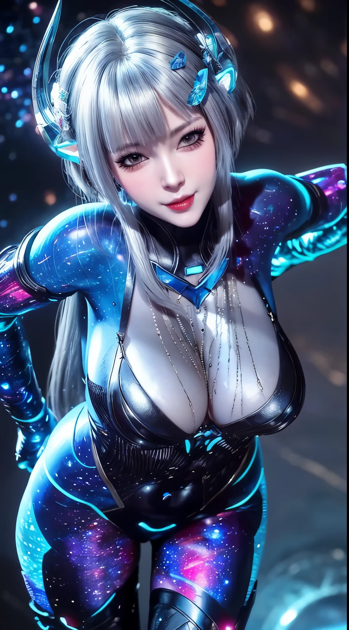 "1 Beautiful girl in traditional dress, ((Wearing a blue shiny tight suit:1.2)), 魔法发Light套装, beautiful cleavage, Long hair with bangs, Light blue mixed with white, ((most beautiful、The finest hair accessories:1.8)), Super cute little face, extremely pretty face, It has two beautiful galaxy blue horns on its head, thin eyebrows, most beautiful、The most perfect face, ((dark circles pupils:0.8)), very beautiful eyes, ((Silvery-brown eyes:1)), Eyeshadow makeup is full of moisture，Extremely eye-catching, Furry beautiful detailed makeup eyelashes, Slim, Well-proportioned limbs, high nose, earrings,thin lips, Light red lips, No laughing, beautiful lips, slender arms, most beautiful的大腿, (2 arms stretched out to both sides: 1.5), healthy limbs, rosy face, clean face, Beautiful face without blemishes, Light滑白皙的皮肤, ((Both breasts are very round and big: 1.6)), (Put girl&#39;s arms behind her back:1.7), Full body of a beautiful girl, 8K photo, super high quality, Surreal, 10x super pixels, 實際photo, dark studio, border Light, two-tone Lighting color, (High detail skin: 1.2), 8K ultra, soft Light, high quality, volumetric Light, frank, photo, High resolution, Light, 最好的photo, 4K quality, 8K, Bokeh, Light滑锐利, 10x imageization, (galaxy background: 1.7), 极Light, Lightning, super graphics, The most realistic graphics, alone, alone, ((frontal portrait:1.6)), extremely sharp, surreal image."