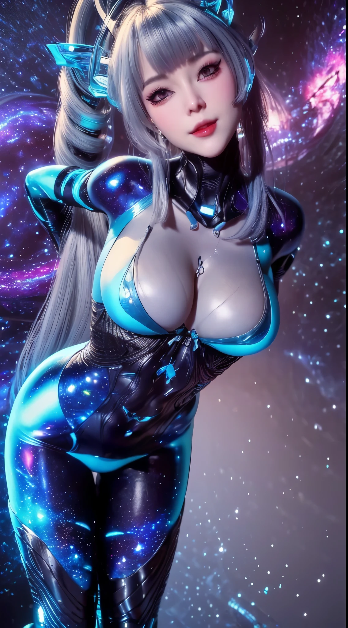 "1 Beautiful girl in traditional dress, ((Wearing a blue shiny tight suit:1.2)), 魔法发Light套装, beautiful cleavage, Long hair with bangs, Light blue mixed with white, ((most beautiful、The finest hair accessories:1.8)), Super cute little face, extremely pretty face, It has two beautiful galaxy blue horns on its head, thin eyebrows, most beautiful、The most perfect face, ((dark circles pupils:0.8)), very beautiful eyes, ((Silvery-brown eyes:1)), Eyeshadow makeup is full of moisture,Extremely eye-catching, Furry beautiful detailed makeup eyelashes, Slim, Well-proportioned limbs, high nose, earrings,thin lips, Light red lips, No laughing, beautiful lips, slender arms, most beautiful的大腿, (2 arms stretched out to both sides: 1.5), healthy limbs, rosy face, clean face, Beautiful face without blemishes, Light滑白皙的皮肤, ((Both breasts are very round and big: 1.6)), (Put girl's arms behind her back:1.7), Full body of a beautiful girl, 8K photo, super high quality, Surreal, 10x super pixels, 實際photo, dark studio, border Light, two-tone Lighting color, (High detail skin: 1.2), 8K ultra, soft Light, high quality, volumetric Light, frank, photo, High resolution, Light, 最好的photo, 4K quality, 8K, Bokeh, Light滑锐利, 10x imageization, (galaxy background: 1.7), 极Light, Lightning, super graphics, The most realistic graphics, alone, alone, ((frontal portrait:1.6)), extremely sharp, surreal image."