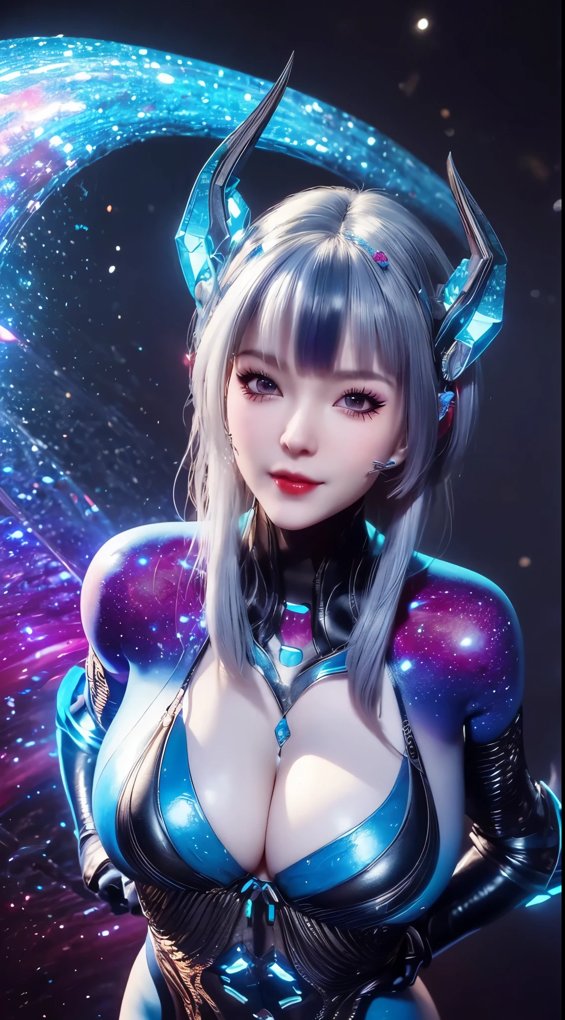 "1 Beautiful girl in traditional dress, ((Wearing a blue shiny tight suit:1.2)), 魔法发Light套装, beautiful cleavage, Long hair with bangs, Light blue mixed with white, ((most beautiful、The finest hair accessories:1.8)), Super cute little face, extremely pretty face, It has two beautiful galaxy blue horns on its head, thin eyebrows, most beautiful、The most perfect face, ((dark circles pupils:0.8)), very beautiful eyes, ((Silvery-brown eyes:1)), Eyeshadow makeup is full of moisture，Extremely eye-catching, Furry beautiful detailed makeup eyelashes, Slim, Well-proportioned limbs, high nose, earrings,thin lips, Light red lips, No laughing, beautiful lips, slender arms, most beautiful的大腿, (2 arms stretched out to both sides: 1.5), healthy limbs, rosy face, clean face, Beautiful face without blemishes, Light滑白皙的皮肤, ((Both breasts are very round and big: 1.6)), (Put girl&#39;s arms behind her back:1.7), Full body of a beautiful girl, 8K photo, super high quality, Surreal, 10x super pixels, 實際photo, dark studio, border Light, two-tone Lighting color, (High detail skin: 1.2), 8K ultra, soft Light, high quality, volumetric Light, frank, photo, High resolution, Light, 最好的photo, 4K quality, 8K, Bokeh, Light滑锐利, 10x imageization, (galaxy background: 1.7), 极Light, Lightning, super graphics, The most realistic graphics, alone, alone, ((frontal portrait:1.6)), extremely sharp, surreal image."