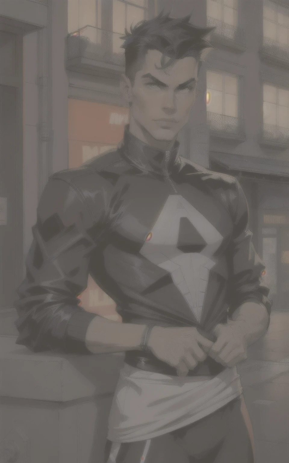 Homme , en vêtement streetwear , en ville , la nuit, in the 21st century. Son bras gauche est en acier. Style Marvel
