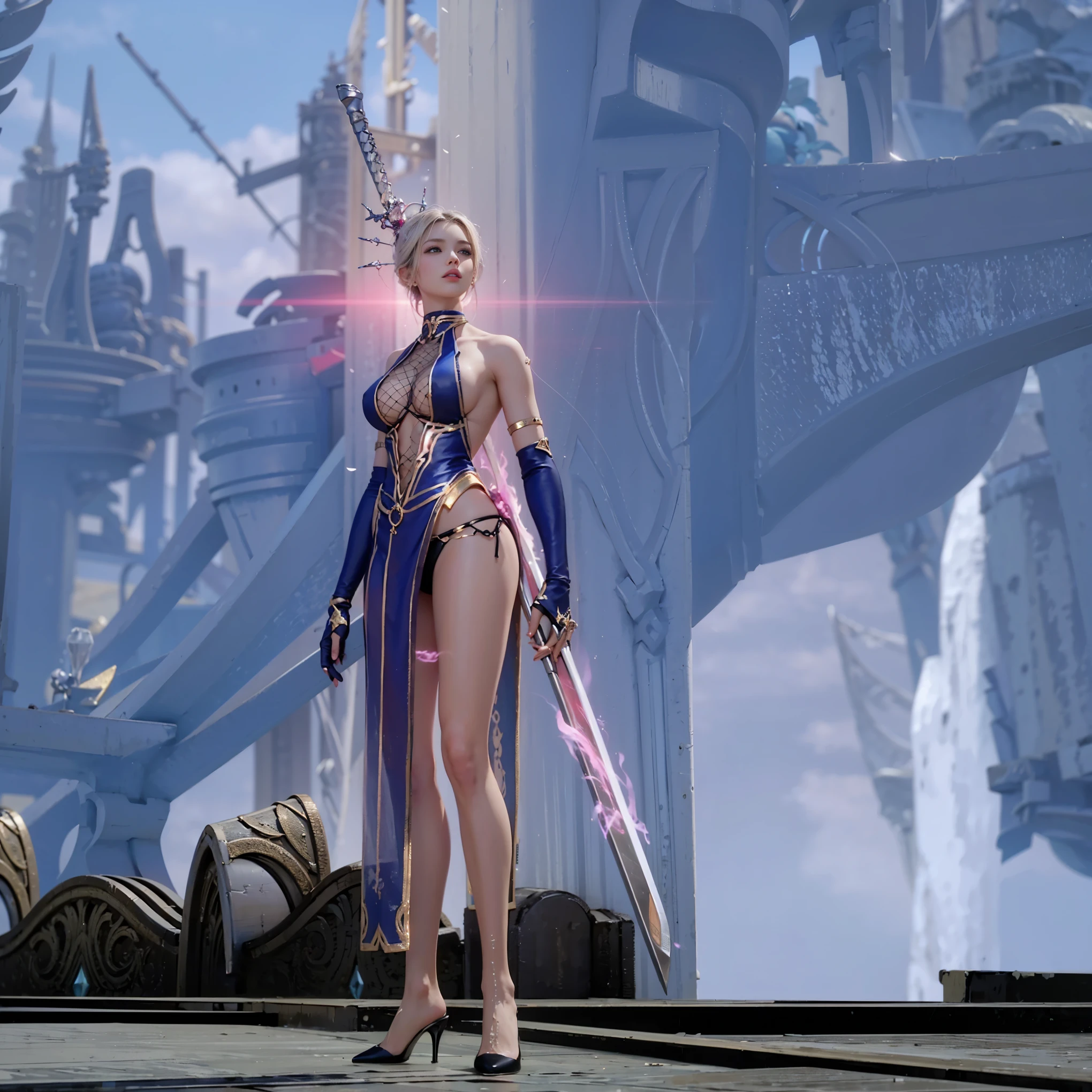 il y a une femme en bikini et épée debout devant un château, armure argentée pointue, peau fuchsia, je vais, <MMORPGS scene, from lineage 2, capture d'HD screen, lineage revolution style 2, attractive and captivating woman, bikini armure femme chevalier, gros plan du corps entier, armure rose lisse, peau fuchsia sous l'armure