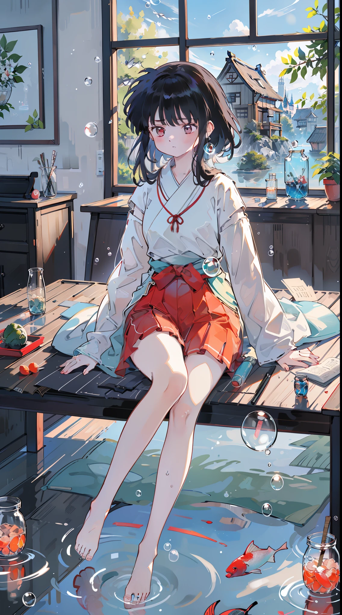 （（（（（inside the jar）））））、a girl, ((Full body female love)), , Platycodon, skinny, side lock, blunt_hair, red, (red的巫女连衣裙, red百褶裙, long skirt), elegant,Japanese traditional clothing, ((((in a jar)))), Lovely, small, piece, long sleeve, sitting, barefoot, There is water under the feet, indoors, table, desk work, (fish, bubble, under water, bubble),