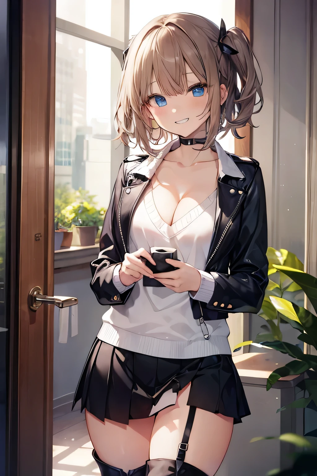 (I'A man wearing a white long-sleeved V-neck knit:1.u can almost see her cleavage from the V-neck:1.5)、(The skirt is a black flared miniskirt..:1.8)、(She wears long, slender black boots of the same shape on both her left and right sides..:1.8)、
(The pants are light blue and have a flashy pattern..:1.2)、
(woman has short brown hair:1.5), shining eyes, (A provocative grin:1.5),