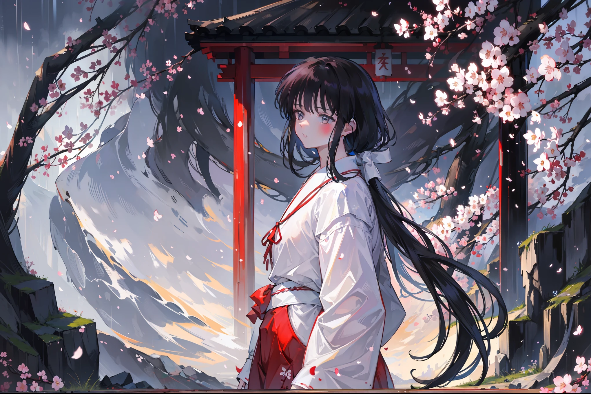 (masterpiece), best quality, have expressed, is a perfect face, 1 girl, (solo), Platycodon, skinny, side lock, blunt_hair, Red miko dress, elegant,Japanese traditional clothing,imagine,alone, temple, japanese architecture，best quality，masterpiece，extremely，Eye focus beautiful eyes, anime characters,woman,alone，cloud, Mountain, rain, (Cherry blossoms:1.3), day, high resolution, looking at the audience, (32k wallpapers)