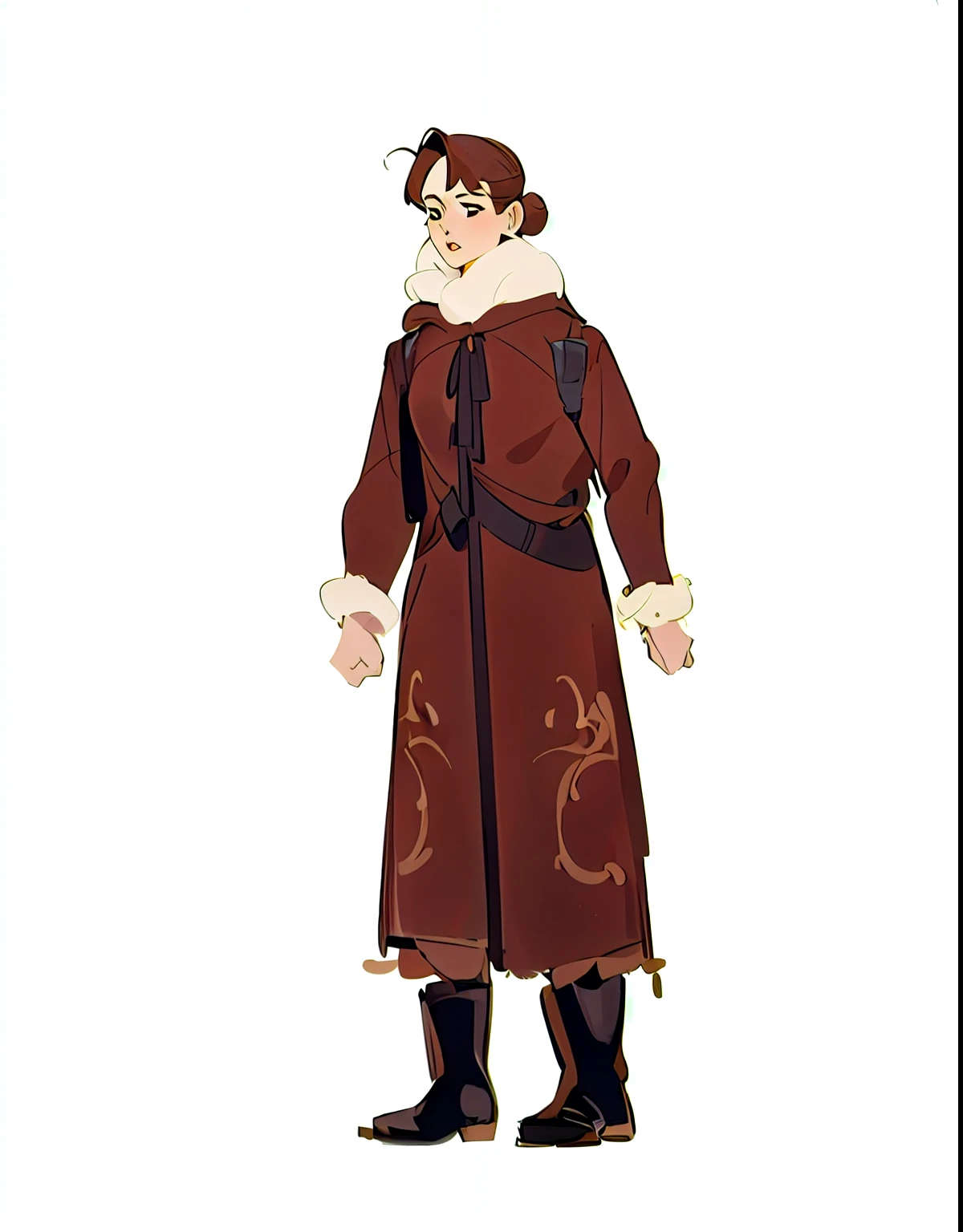 (masterpiece, Best quality),1 girl with dark brown hair in a bun, in a dark brown fur coat, black boots, full-length character, whole body