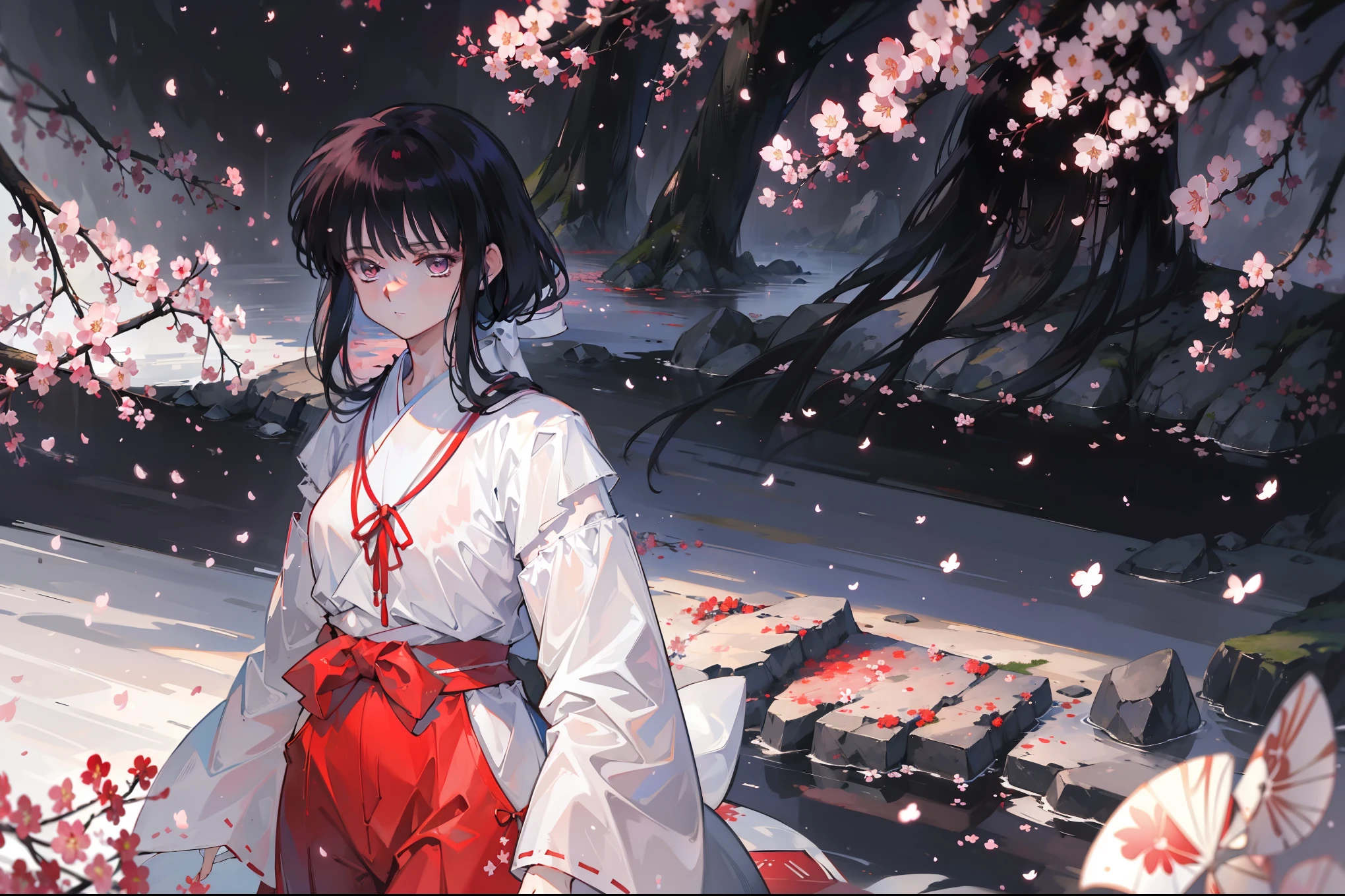 (masterpiece), best quality, have expressed, is a perfect face, 1 girl, (solo), Platycodon, skinny, side lock, blunt_hair, Red miko dress, elegant,Japanese traditional clothing,imagine,alone, temple, japanese architecture，best quality，masterpiece，extremely，Eye focus beautiful eyes, anime characters,woman,alone，cloud, Mountain, rain, (Cherry blossoms:1.3), day, high resolution, looking at the audience, (32k wallpapers)