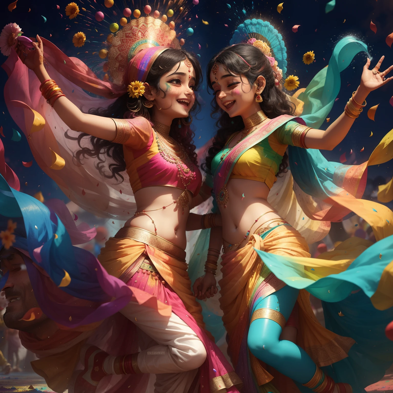 4K Image: Bhushan and Swati, the cutest couple, celebrate the vibrant Holi festival in full swing. Their faces are adorned with colors, reflecting the joy and excitement of the moment. Bhushan, with his twinkling eyes and dimples, laughs heartily as he applies the bright hues on Swati's cheeks. Swati, with her rosy lips and sparkling eyes, giggles and playfully throws colored water on Bhushan. The color palette is a riot of hues, ranging from bright red and yellow to deep blue and green. The air is filled with the sweet scent of flowers and the sound of laughter, conveying a sense of