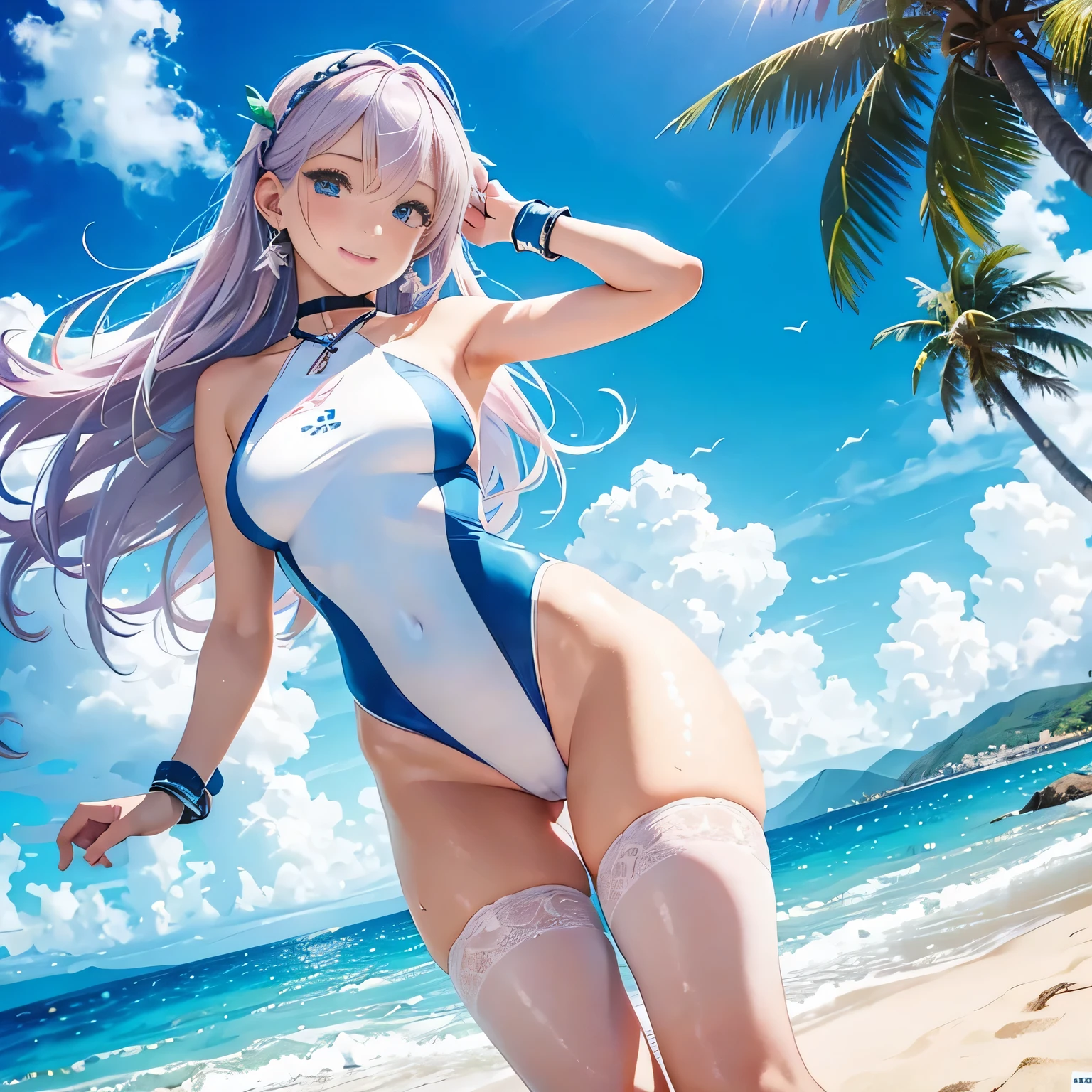Low - Angle,from below,(1 girl), ((masterpiece, highest resolution,highest quality)), (beautiful illustrations),(Beautiful silver pink semi-long hair),(beautiful blue eyes), (white beautiful elegant one piece swimsuit), (swim in the sea),
innocent smile, white over knee high,lace chalk, Wristband, fingerless gloves, over knee high,
lace chalk, diamond necklace,Wristband, fingerless gloves, earrings, the wind is strong,cinematic lighting, beach, sand, blue sky, Wave, Palm tree,
