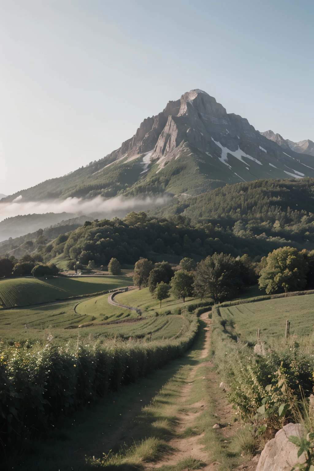 mountain in the middle of a beautiful farmland, 8k, haze, ultra-detailed, film photography, light leaks, trending on artstation, sharp focus