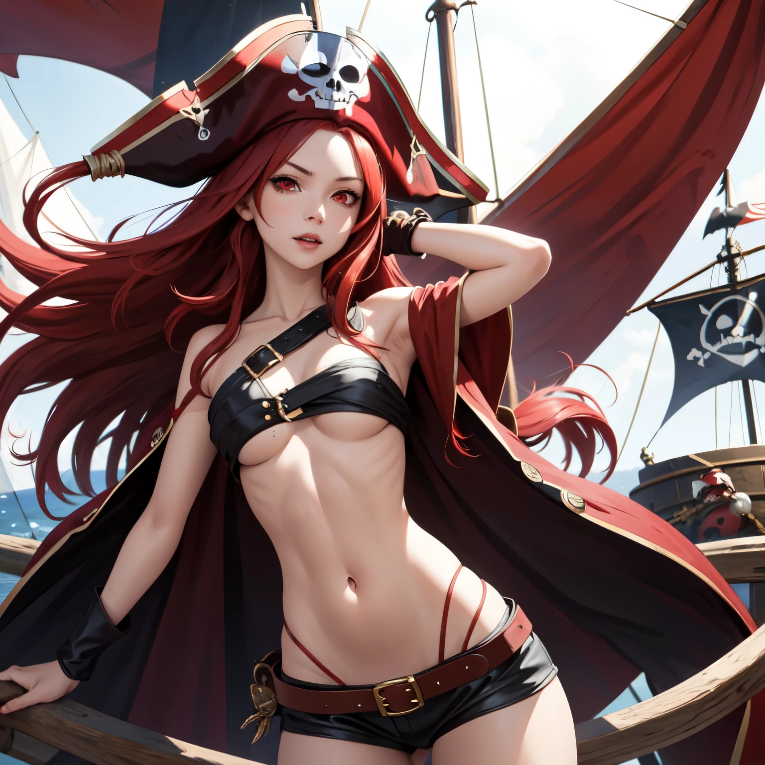 1girl, red hair, red eyes, pirate , pirate outfit, pirate hat, naked