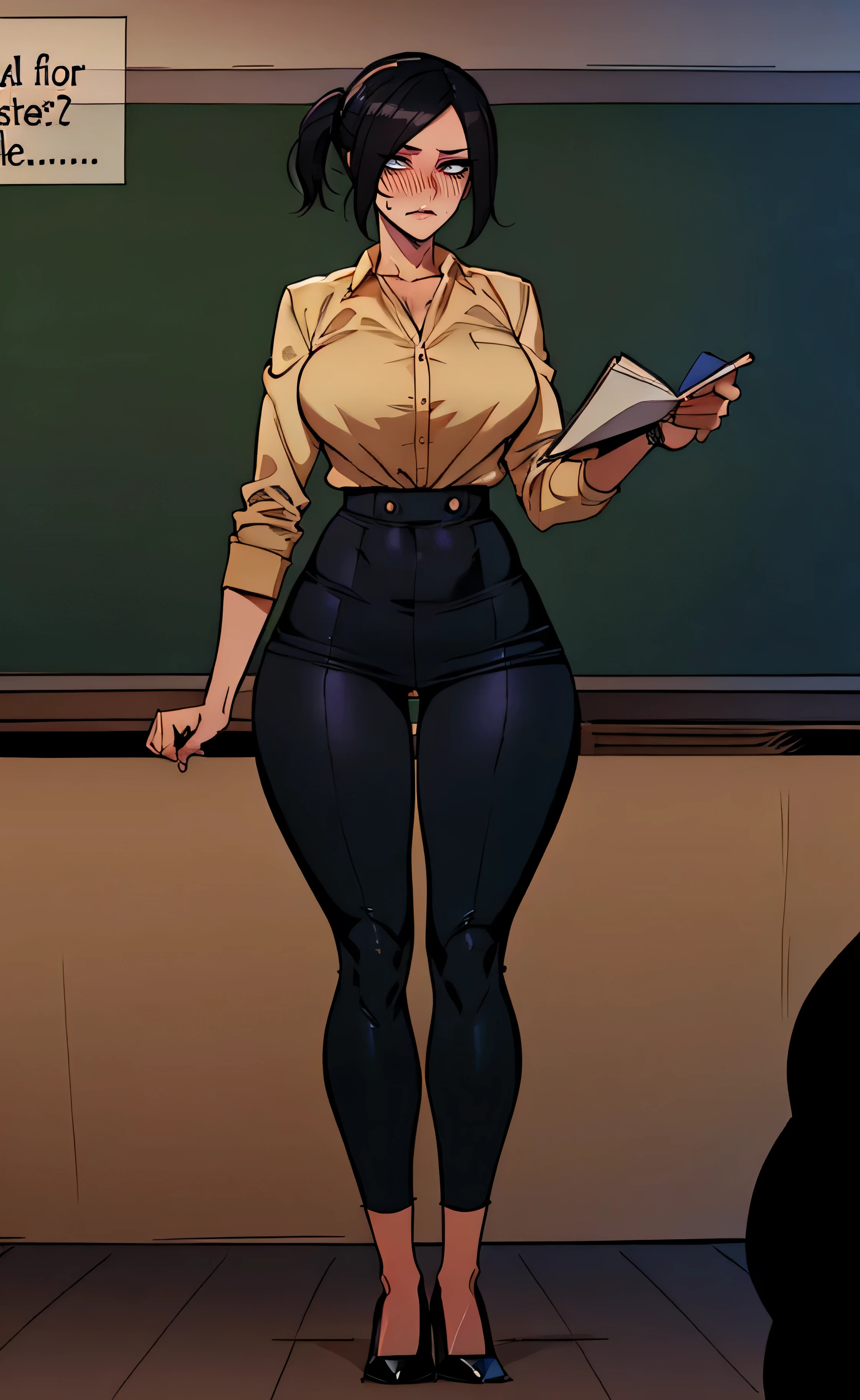 1 girl, 1 boy, Teacher, naive, full body, writting on board, short, black hair, 35 y old, mature, professional, slimthick, looking at male stydent tall and strong, teacher blacked, and submitted by student)