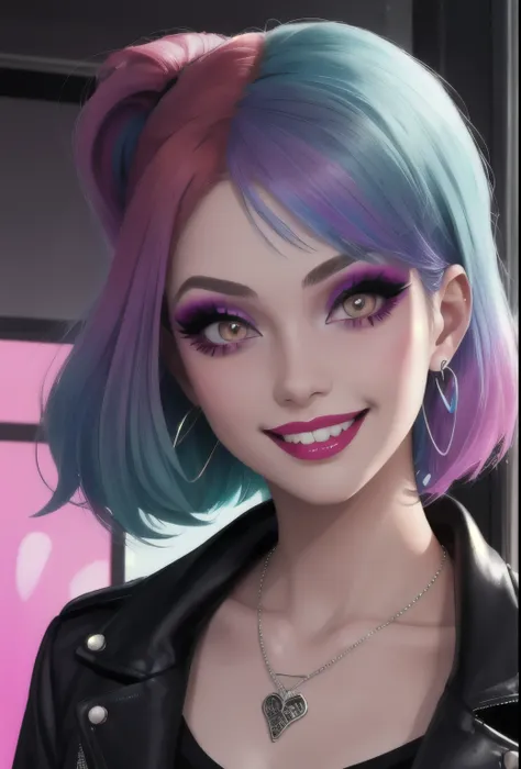 1girl, holo-punk style, rainbow hair, earrings, eyelashes, grin, indoors, jewelry, lips, makeup, necklace, goth, jacket,