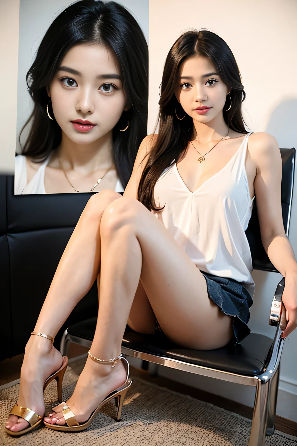 (masterpiece:1.3), (8 thousand, realistic, RAW photos, best quality: 1.4), (1 woman), (full body shot), (Sitting on the chair attractively like a model), (very sexy), (Beautiful makeover), (유난히 beautiful face), (Build a firm and beautiful body through exercise) , (beautiful face), (beautiful face), (long eyelashes), (double eyelid), (big bust) , (Beautiful heaps), (realistic 아름다운 다리), (realistic face), (black hair. parted, long hair:1.3), 아름다운 parted스타일, realistic eyes, (really beautiful and delicate eyes), (realistic skin), (beautiful skin), (Thin blouse), (short skirt), (perfect secretary outfit), (realistic 팬티스타킹), (absurd), (attractive), (ultra high resolution), (extremely realistic), (very detailed), (golden ratio), (realistic 스타킹), (realistic 스타킹 다리가 정말 예쁘고 예뻐요..), (realistic 긴 다리), (realistic 팔), (small size feet), (high heel), (necklace), (earring),(beautiful nails manicure), (So beautiful and sexy)