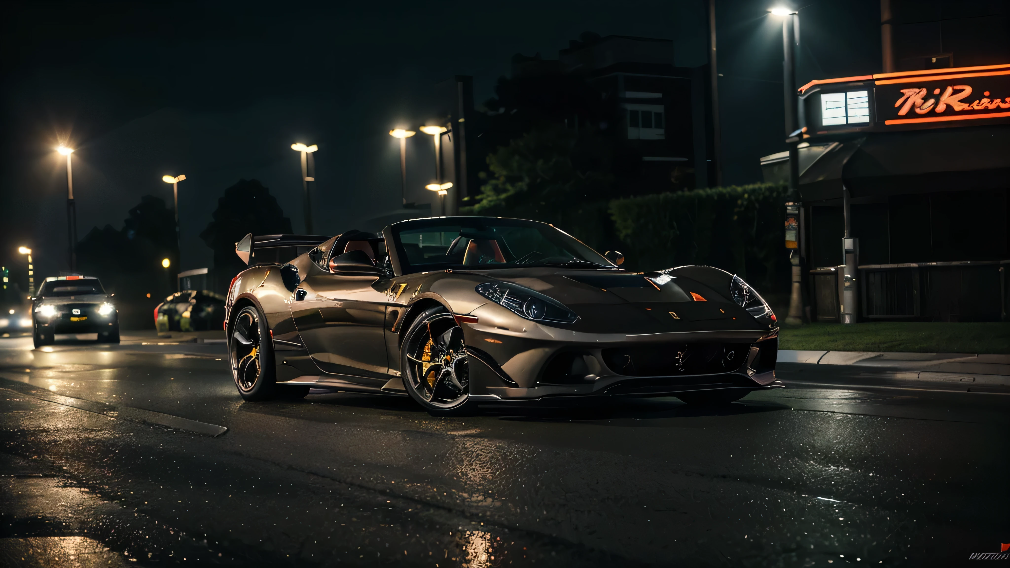 A fast moving ferrari spyder on the road, wheels turned to the right, smokey background, great lighting, city lights, no people, creative angle, (best quality,4k,8k,highres,masterpiece:1.2), ultra-detailed, (realistic,photorealistic,photo-realistic:1.37), HDR, UHD, studio lighting, extreme detail description, professional, vivid colors, bokeh, sports car, sleek design, metallic finish, shiny exterior, powerful engine, speeding motion, dynamic composition, urban setting, futuristic aesthetic, glossy reflections, nighttime atmosphere, vibrant cityscape.