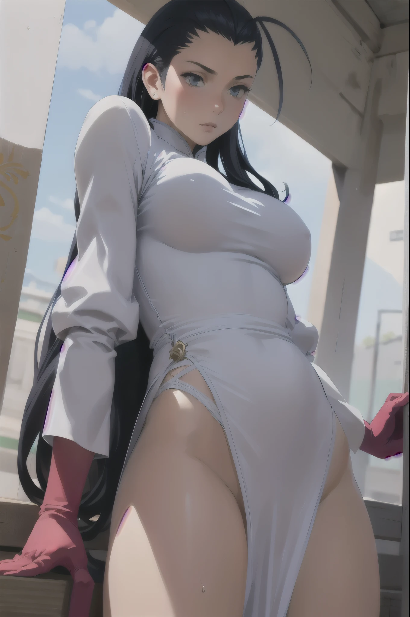 1girl,18yo,perfect hands, perfect finger,perfect anatomy, masterpiece, best quality,realistic, hyperrealistic, 16k hdr,kokouen_wz, black hair, long hair,antenna hair, (red fingerless gloves), see through chinese clothes, (gorgeous china dress:1.1), white dress, ahoge, hair slicked back, magatama earrings, dress, modeling,outdoor,large breasts,sexy pose,from below,sweat,spread legs,standing,(strong wind,dress lift:1.2),show off panty
