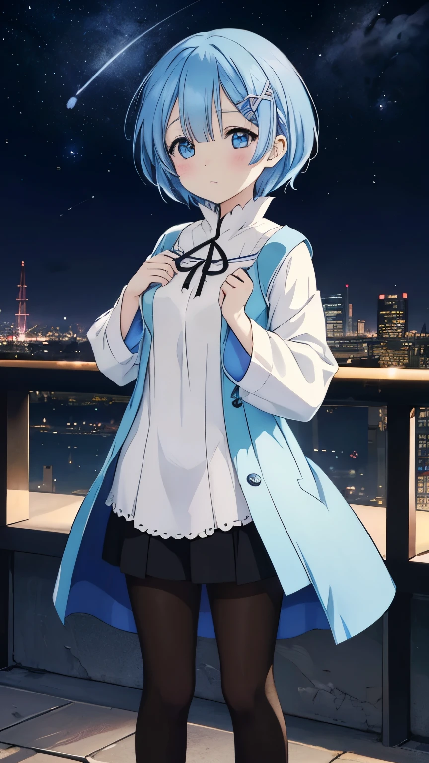 Rem from Re:Zero、light blue hair、shortcut, To tell, casual adult clothes, Cast a spell on the stars in the middle of the city at midnight, panorama, landscape、black pantyhose