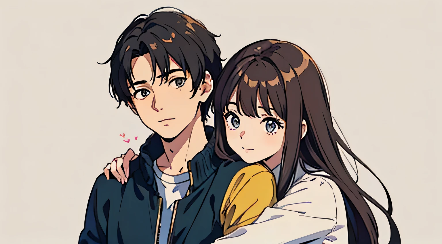 On the left is a woman in her 20s，On the right is a man in his 20s，two people hugging，face camera，whole body，Simple background