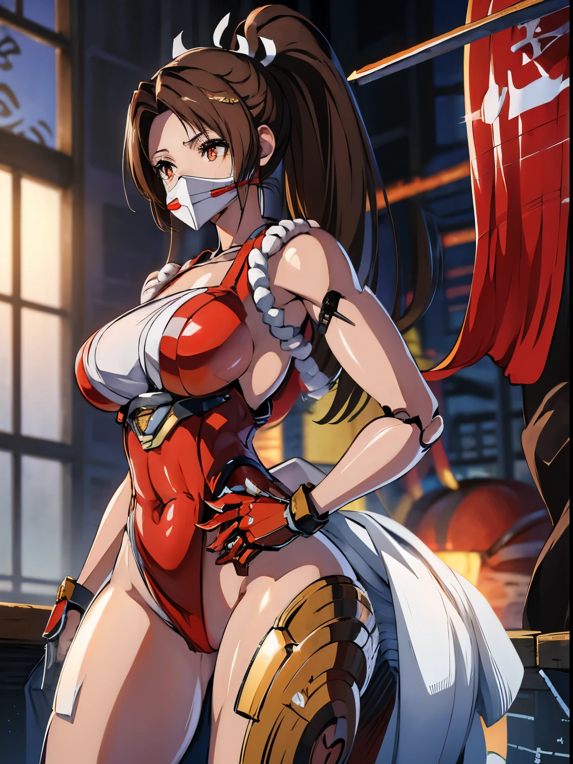 Super detailed, advanced details, high quality, 最high quality, High resolution, 1080p, hard disk, beautiful,(Arcee),beautifulサイボーグ女性,Mecha cyborg girl,battle mode,Mecha body girl, Woman warrior,front、((Machine eyes that shine red:1.3))、((mechanical gas mask:1.5))、((attack posture:1.6))、((combat readiness:1.5))、(((I own a large mechanical handheld fan.:1.3)))、(mai shiranui)、((owns a sword of light:1.3))