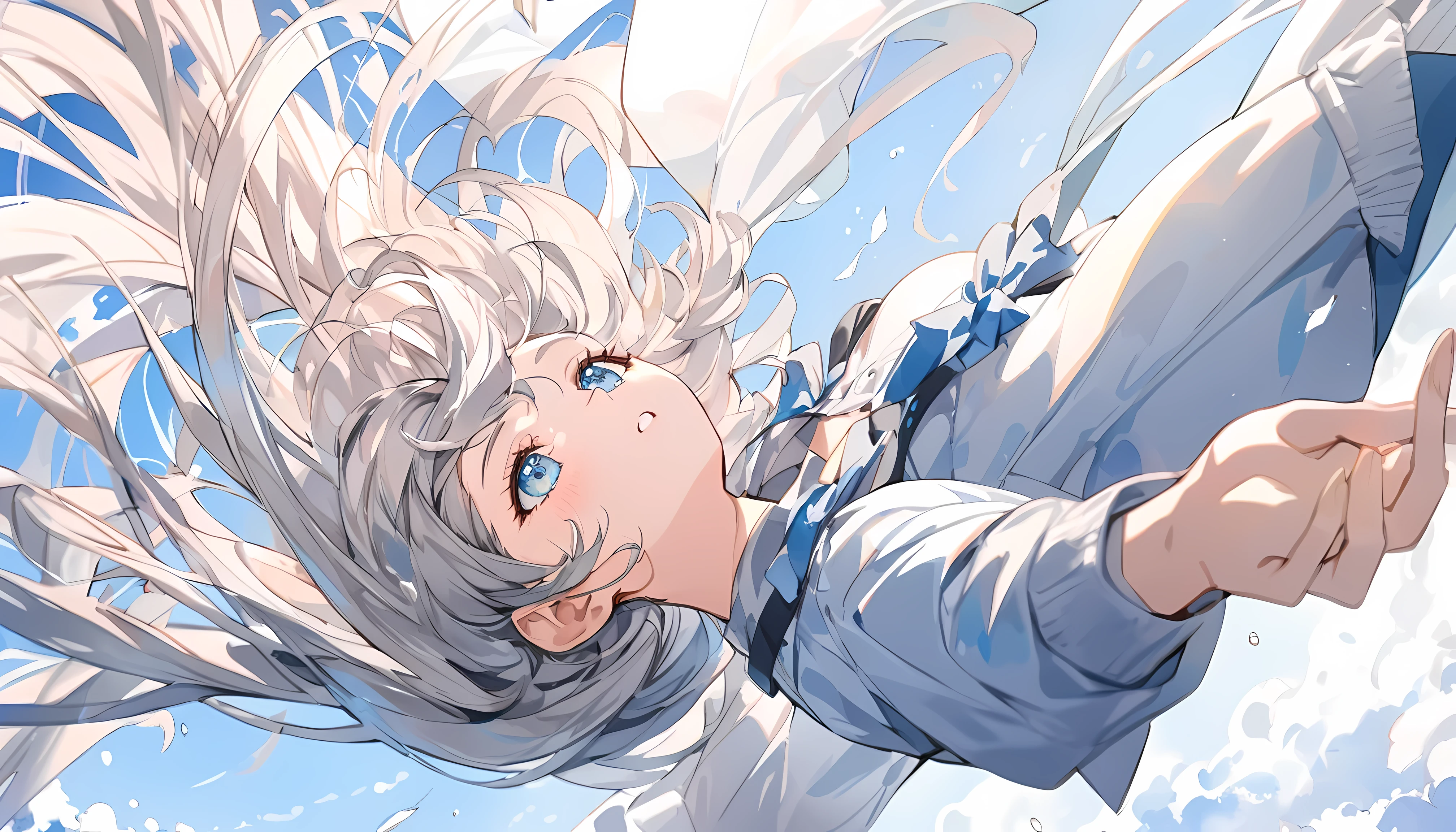 Beautiful woman, long hair, gray hair, long sleeve, watercolor, clear azure sky, flight, upside down, The wind is blowing, super detailed