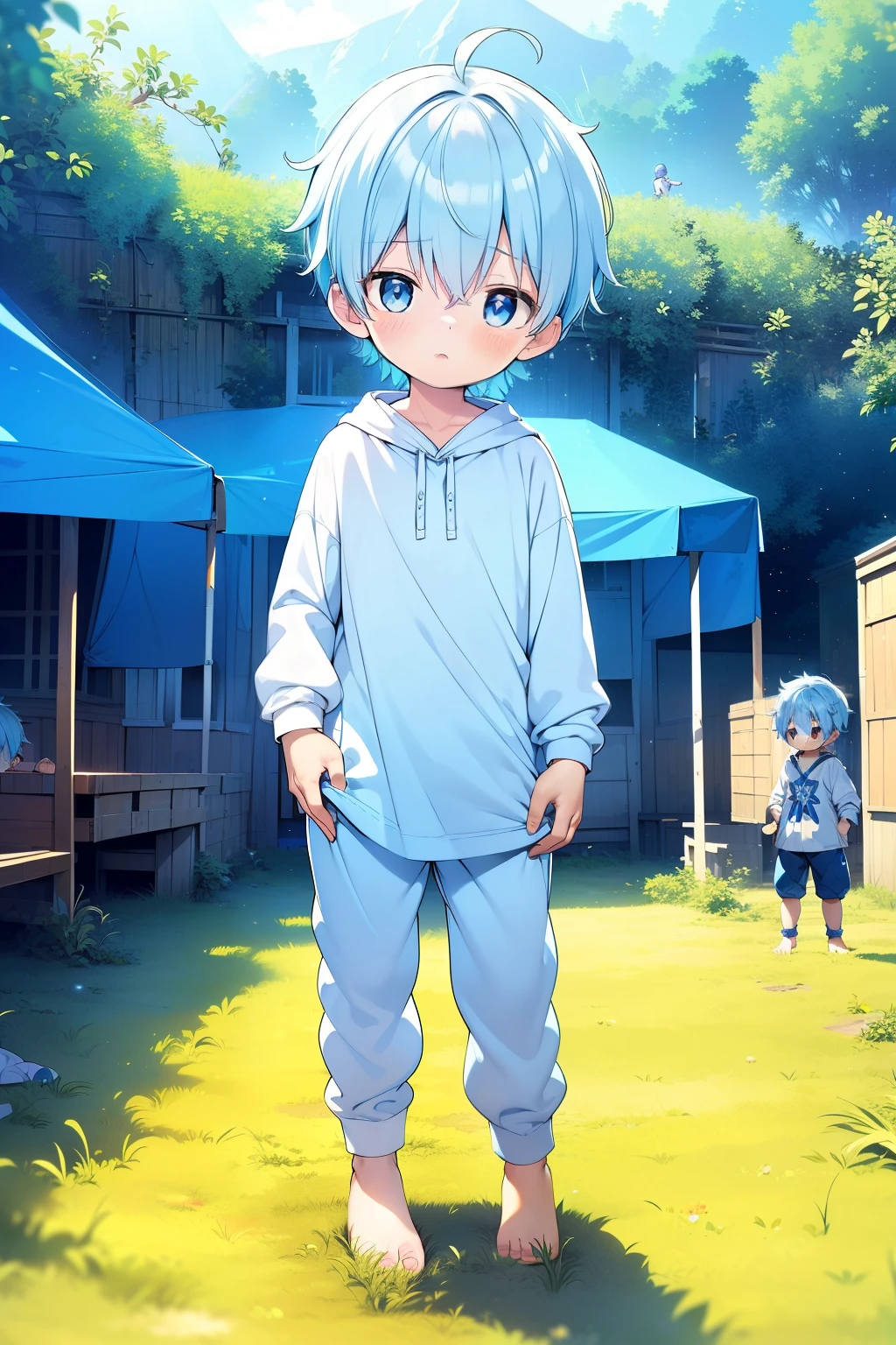 4K, (masterpiece:1), **********s with blue colored hair and shiny, Glowing cyan eyes and bare feet, Stand on the field, epic, cinematic, young, boys, , small, toddler, tiny foot, focus on foot, foot, blush, (young:1.4), (child:1.4), (Shota:1.4), (male:1.4), (boys:1.4), (Divine clothing:1.4), (epic:1.4), (pose:1.4), (cinematic:1.4),