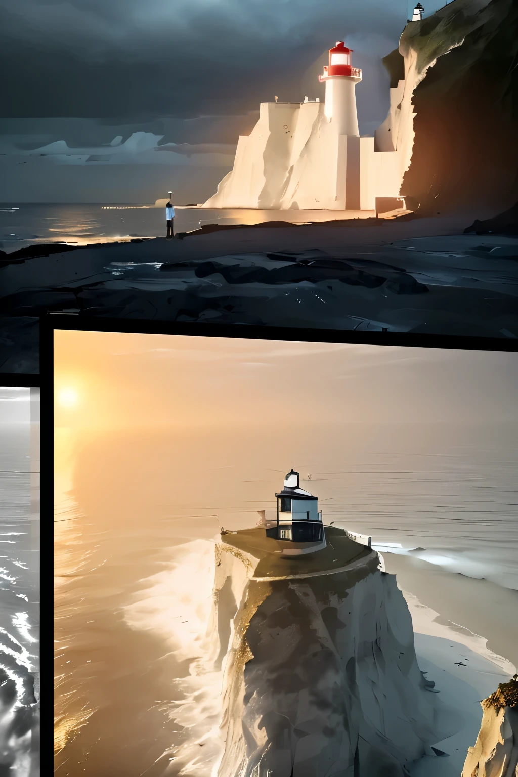 A group of travelers looking at the lighthouse，Very tired sad traveler