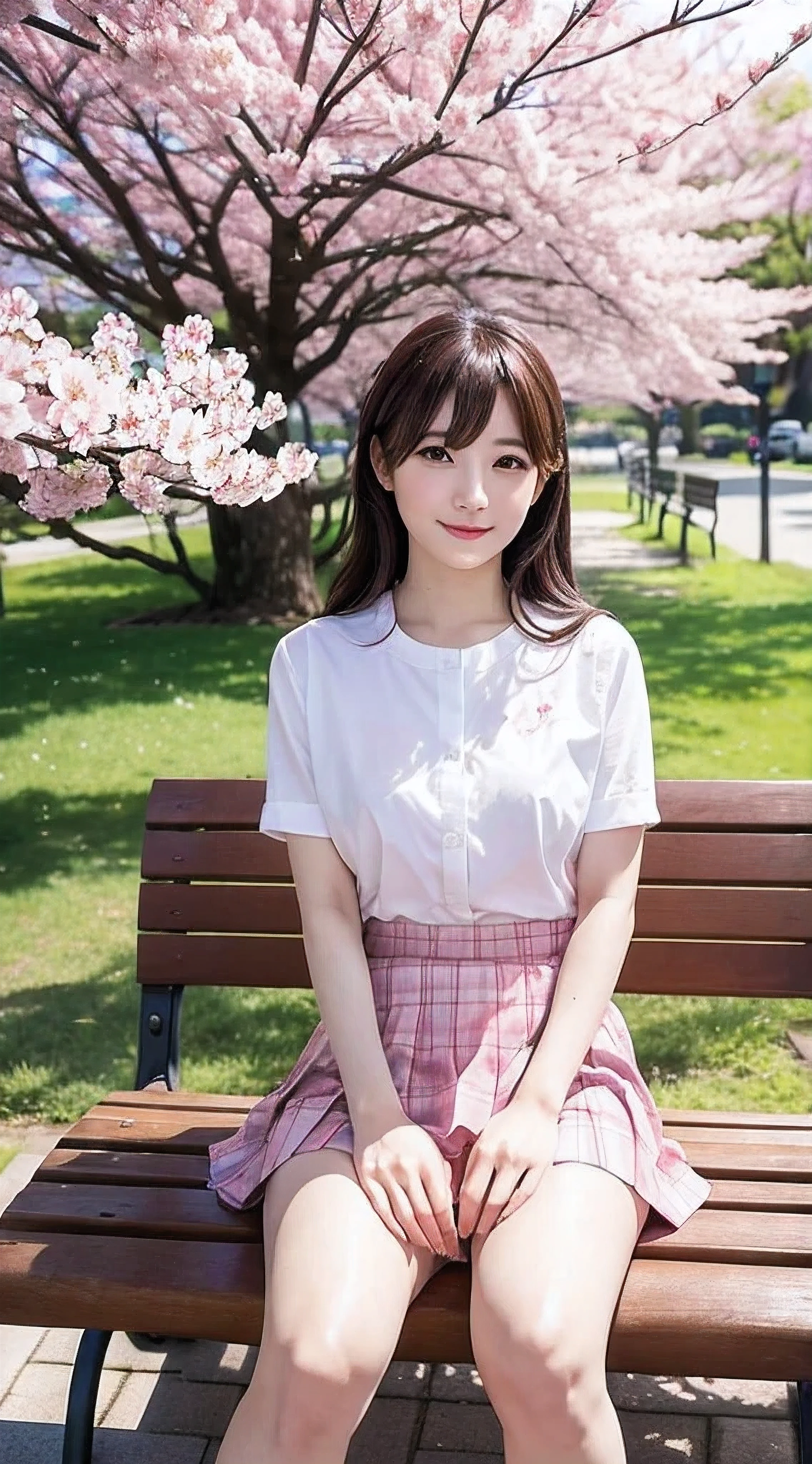 realistic、With cherry blossoms in the background、japanese woman、About 33 years old、mini skirt、I can see your underwear、park bench、open your legs、