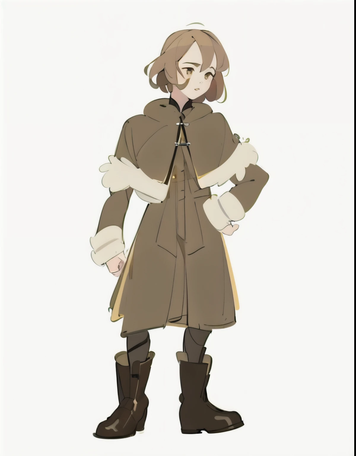 (masterpiece, Best quality),1 girl with light brown short hair, light brown brown fur coat, black boots, full-length character, whole body