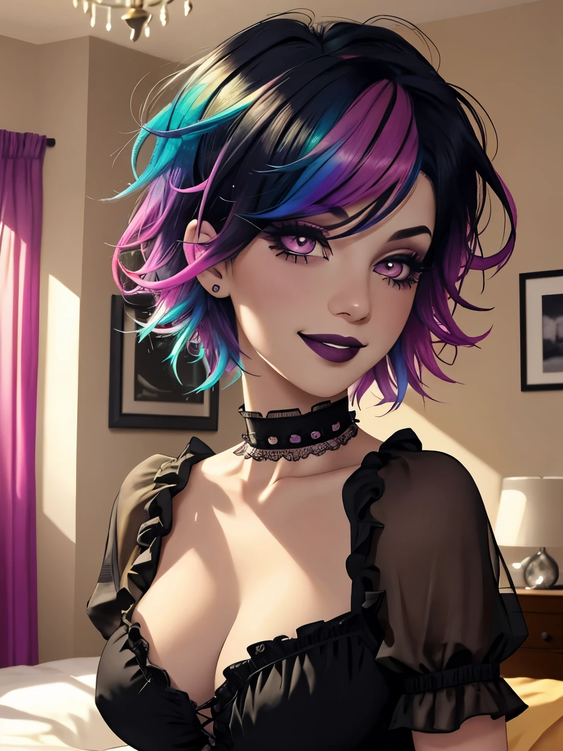 1girl, realistic, solo, goth ,short messy hair with long sides, short hair, eyeshadow, mascara, color: spectrum, vivid colors, rainbow hair , bright rainbow hair, medium breasts, indoors  , highly detailed, cute, smile, bedroom, big breasts, ruffle trim