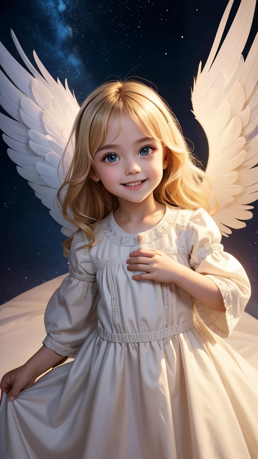 looking straight at viewer, from above:1.2, beautiful toddler girl angel, smile, big eyes, blonde, A neat dress with sleeves that hide the chest, Angel wings on the back, A god with many sparkling stars々new background, Prayer-like pose, photorealistic