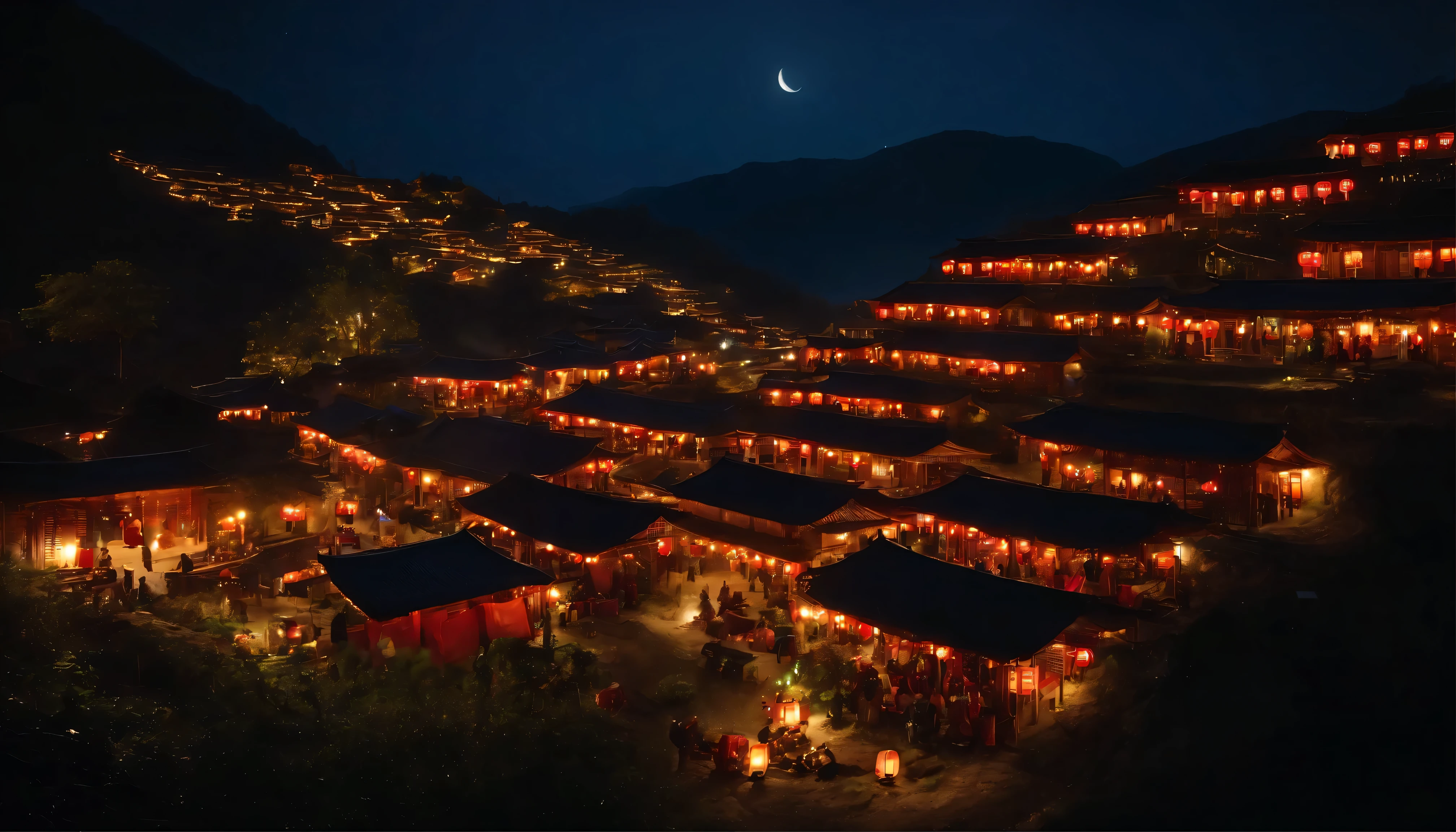 The Miao village in the mountains is brightly lit, Festival moon night scene