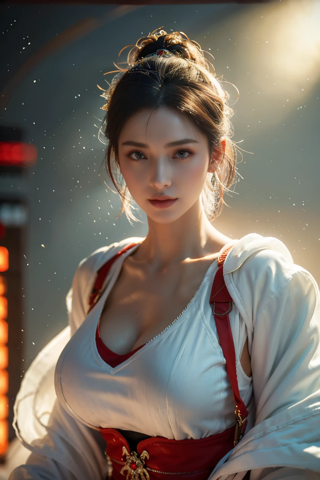 Masterpiece,Game art,The best picture quality,Highest resolution,8K,(A bust photograph),(Portrait),(Head close-up),(Rule of thirds),Unreal Engine 5 rendering works,
20 year old girl,Short hair details,With long bangs,(white hair),red eyes,Elegant and elegant,(Large, full breasts),(Wearing a white coat,Red suspender underwear),shut your mouth,serious yet charming,(scholar),photo poses,Sci-fi style laboratory,white room,
Movie lights，Ray tracing，Game CG，((3D Unreal Engine))，OC rendering reflection pattern