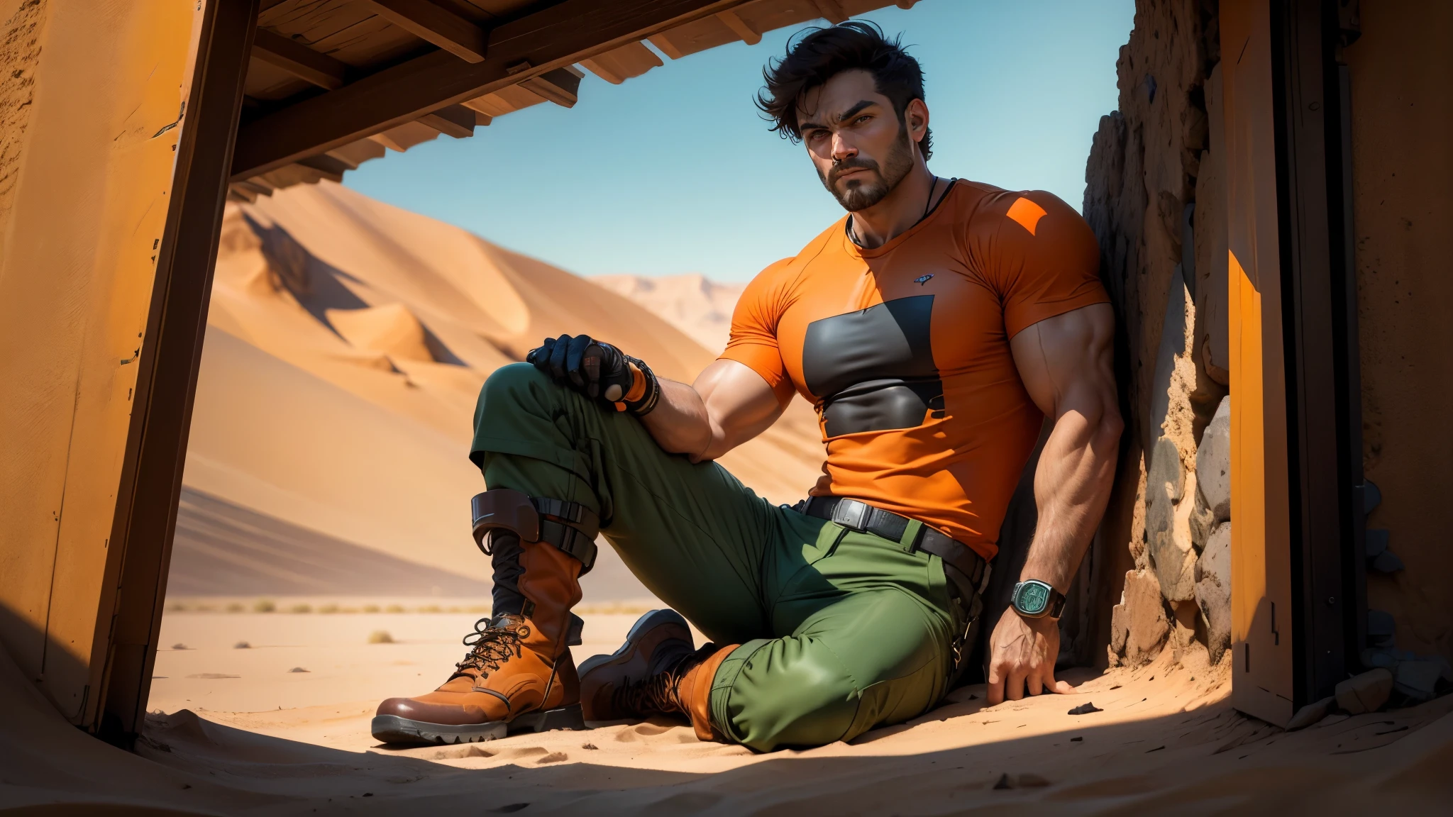 good quality, ultra high resolution,masterpiece, 8K,(reality,detail)A man wearing an orange sports short-sleeved shirt,short black hair,green pants,brown leather boots,Serious expression,burly man,Sitting in the desert,whole body effect((from head to foot))