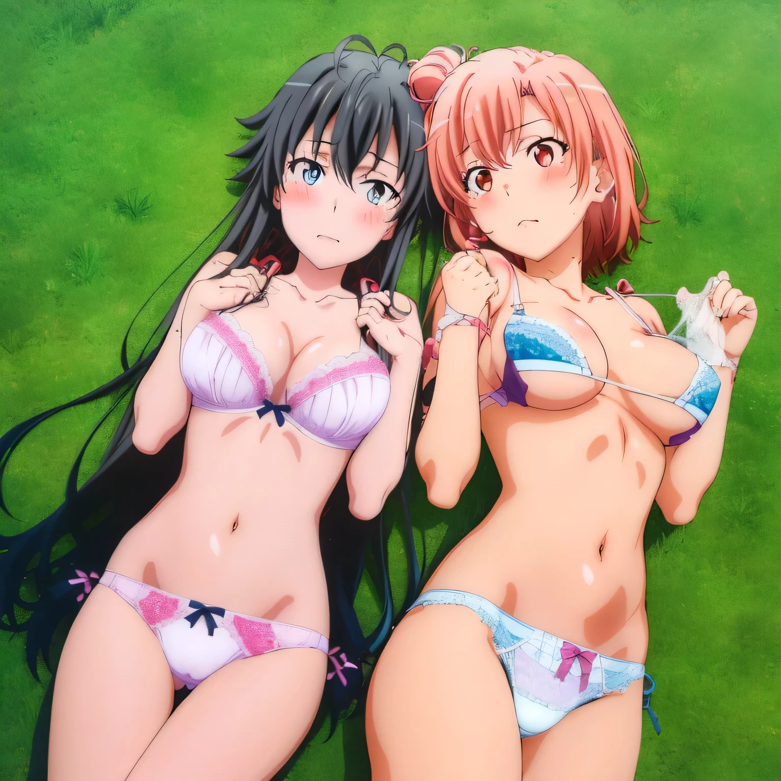 ((2 girls ), ((yuigahama yui is bust and ヒップライン are great)),((Yukinoshita Yukino)),In perverted underwear,in front of everyone,streaking,garden,they have their hands behind their backs,(Bra with nipple bulge line),Shiny bra,belly button,,(white lace panties:1.0),(pink panties:1.0),Ribbon on panties,(thighs),,((high angle:1.0)),(beautiful eyes),look at the camera,blush,troubled face,Insert your head