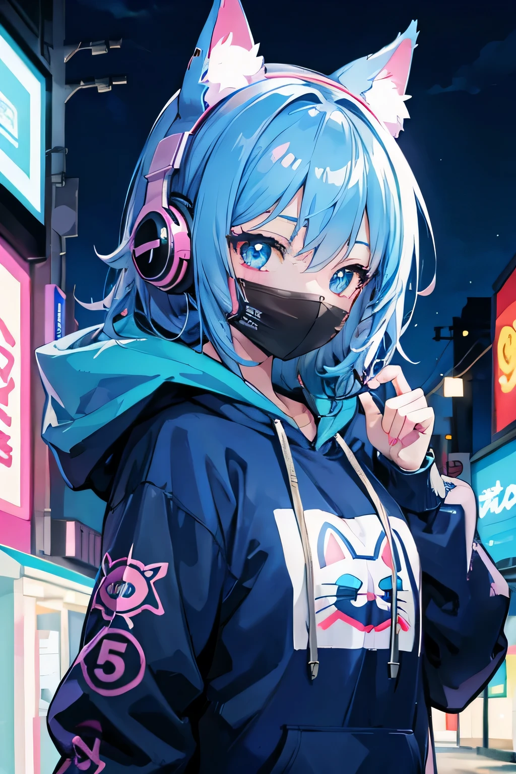 blue hair anime girl, cat design face mask, hoodie, headphones, under the neon light, street，High resolution，Are you okay，超Are you okay，8K，