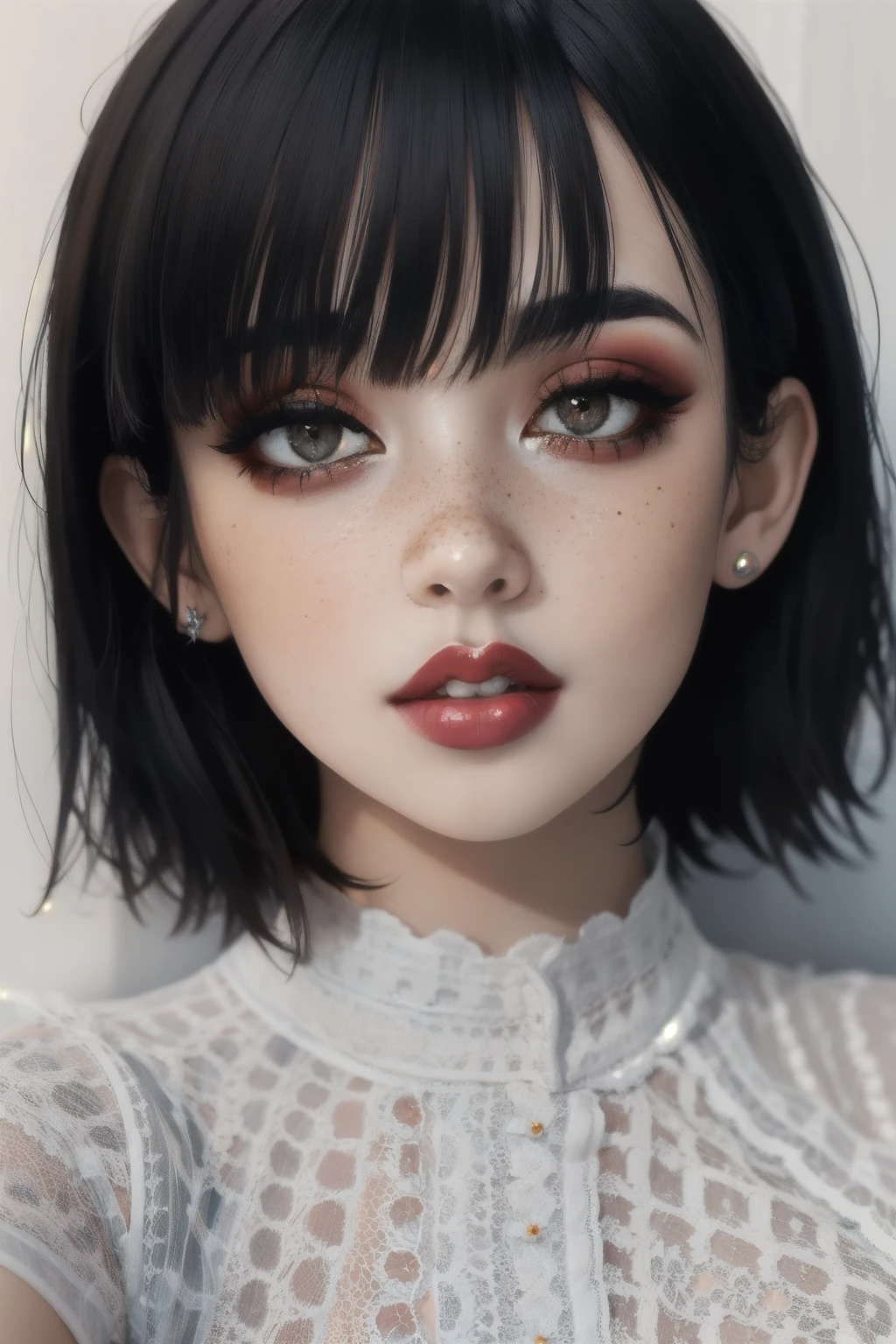 Fr3ckles, grey eyes, freckles, 1girl,  90sgrung3, red makeup, red lips, black hair, short hair, baby bangs, black shirt